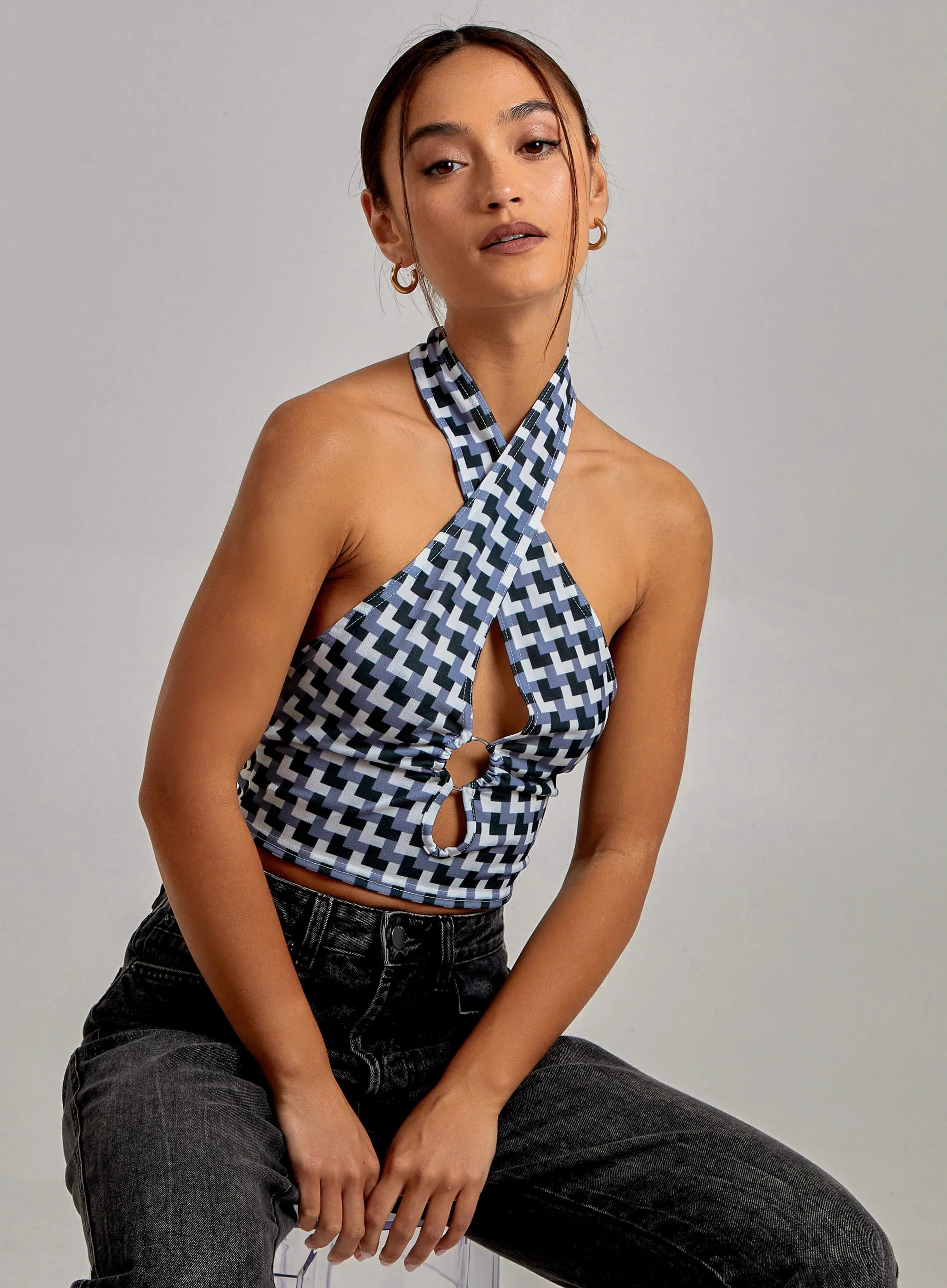 Geometric Print Cut Out Halterneck Top