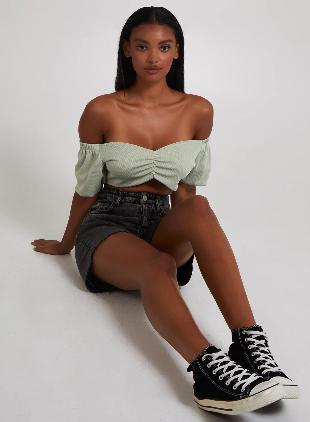 Waffle Rib Ruched Crop Top
