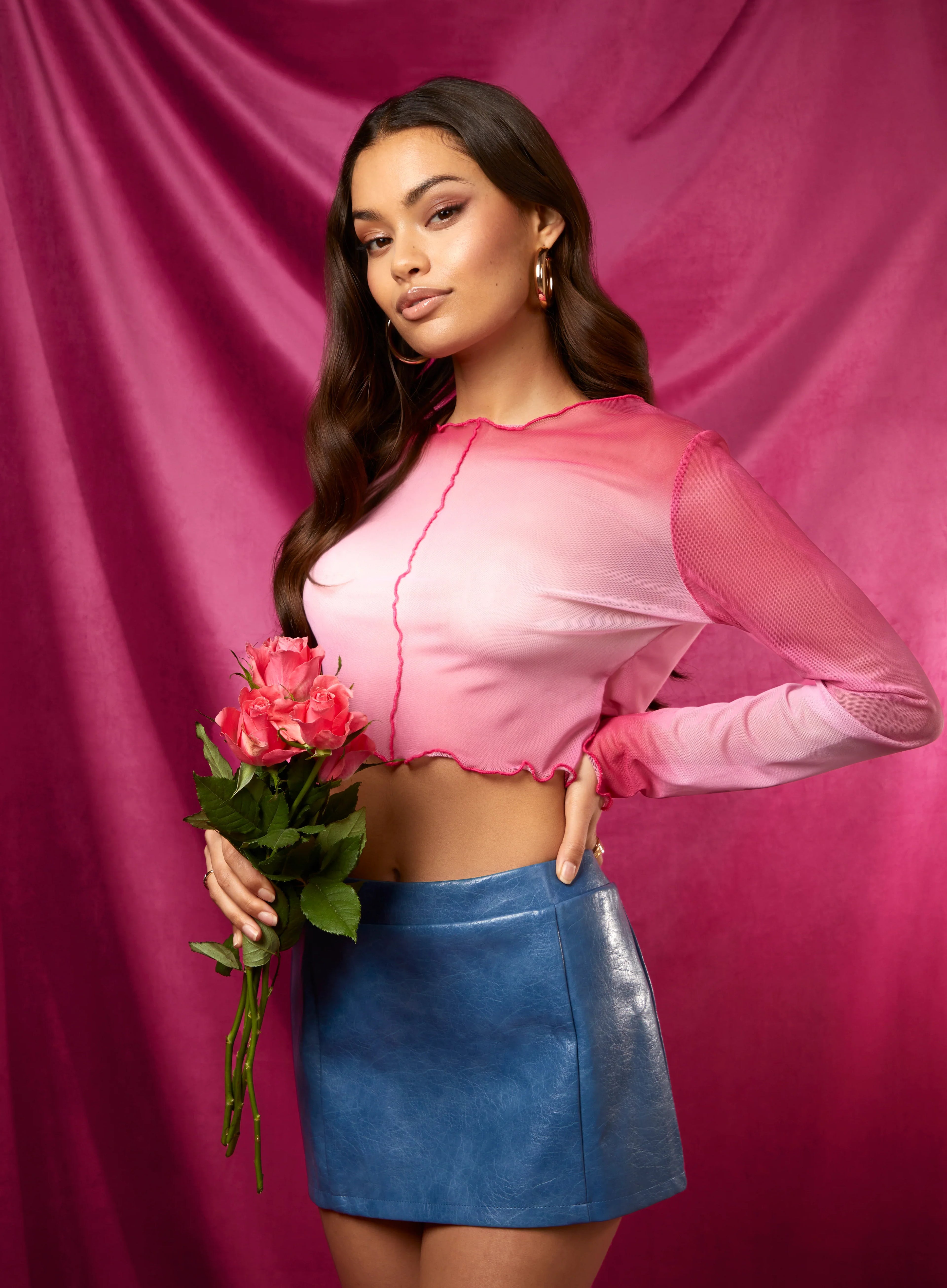 Ombre Exposed Long Sleeve Mesh Crop Top