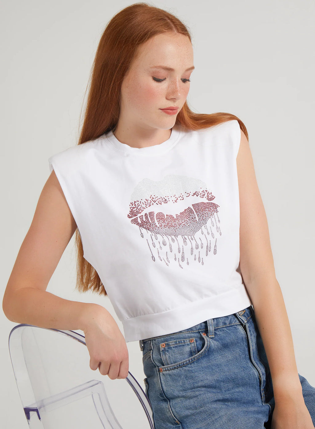Diamante Lips Sleeveless Top