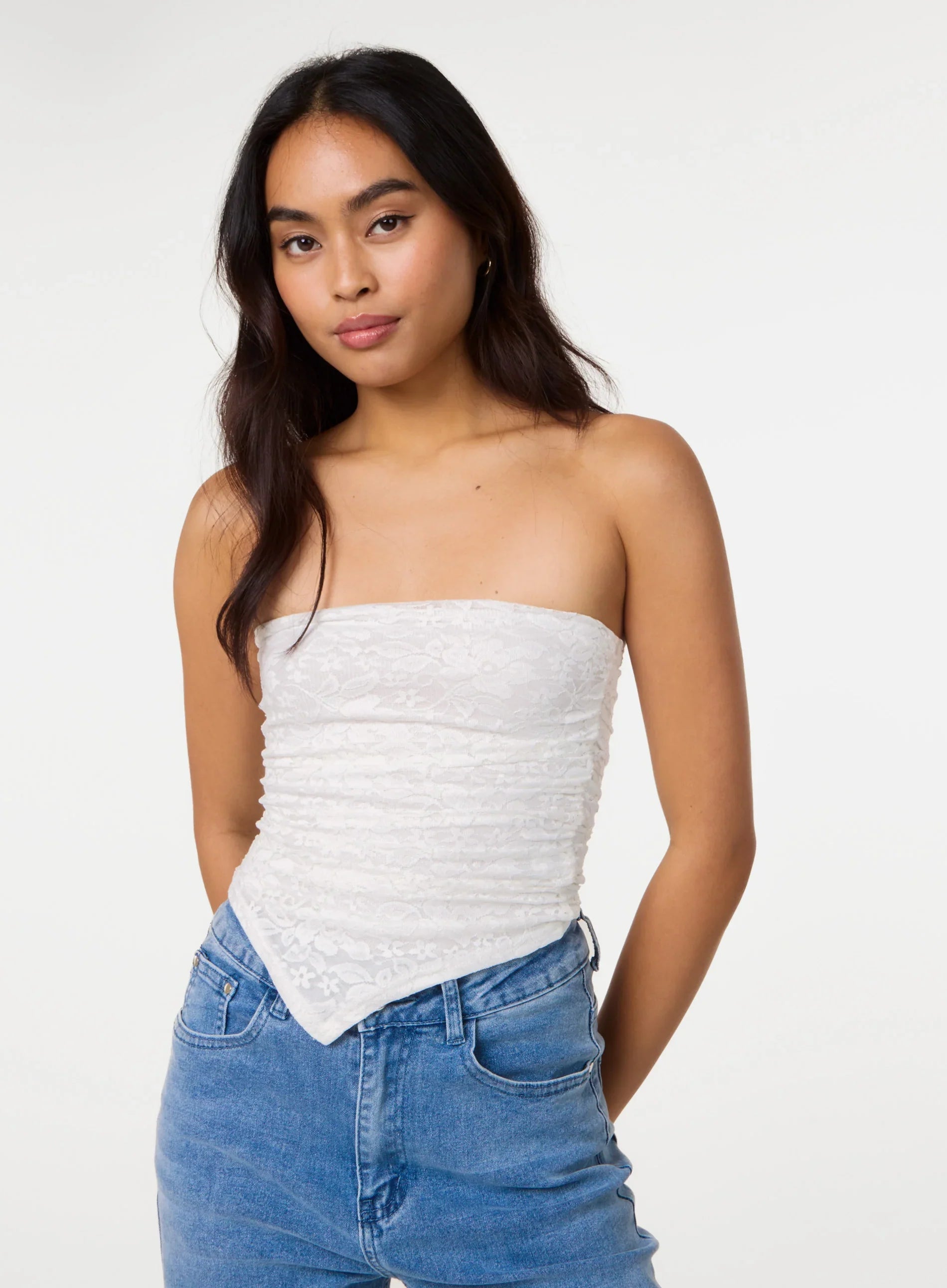 Ruched Side Bandeau Lace Top