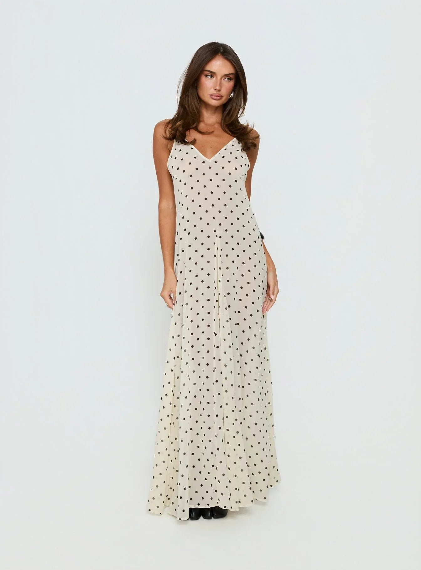 Loulah Sheer Chiffon Maxi Dress Cream Polka Dot
