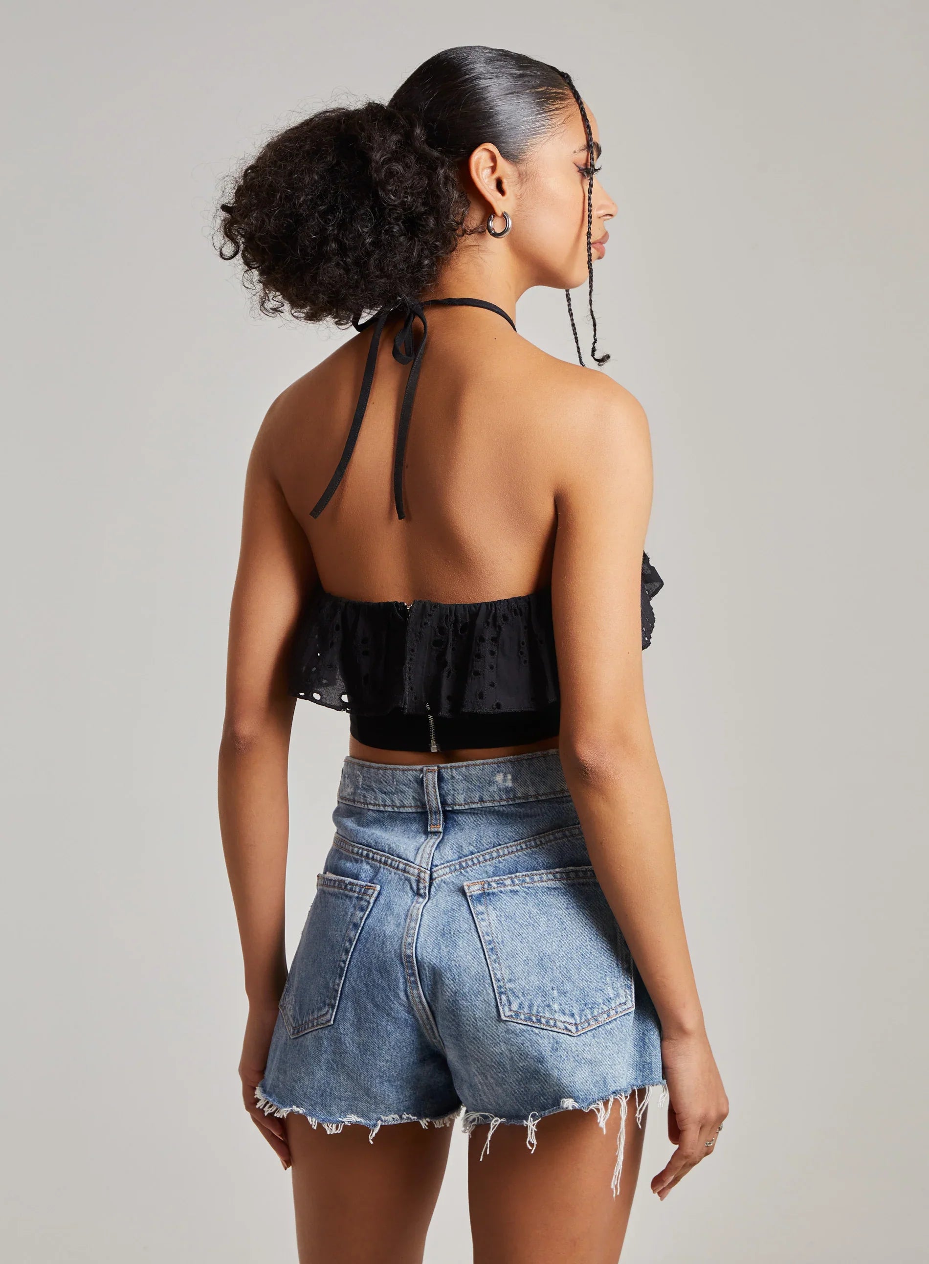 Halter Neck Broderie Frill Hem Crop Top