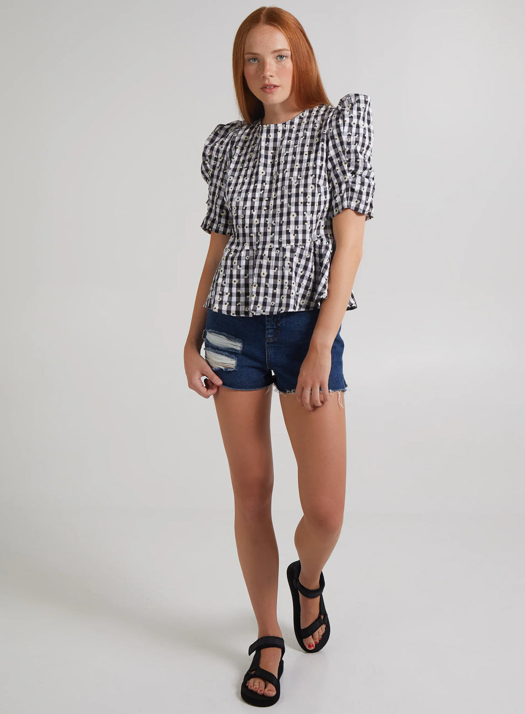 Black Check Tie Back Peplum Blouse