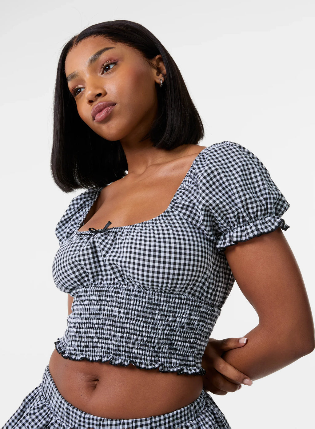 Gingham Puff Sleeve Crop Top