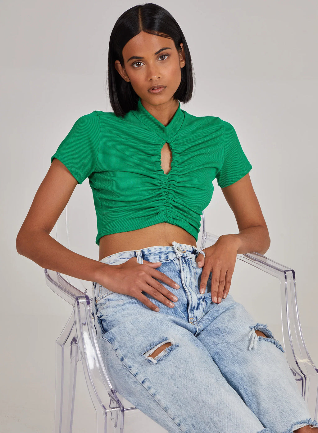 Short Sleeve Gathered Keyhole Ribbed Top