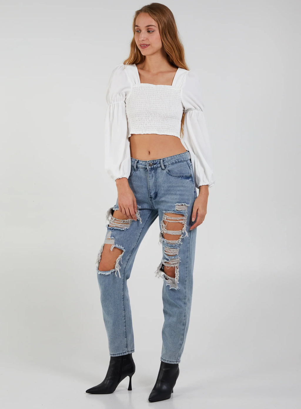Cropped Ruched Top With Balloon Sleeves