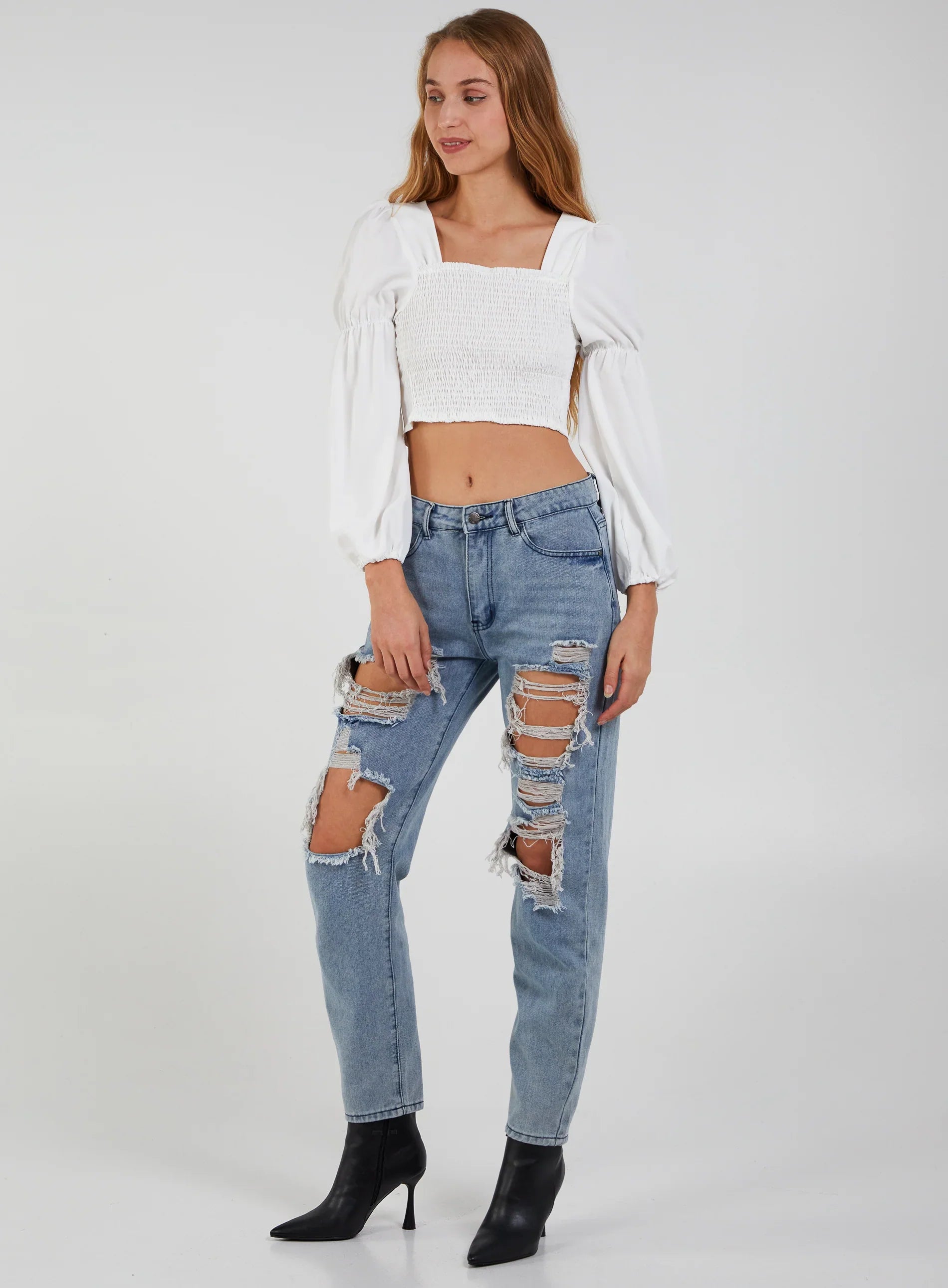 Cropped Ruched Top With Balloon Sleeves
