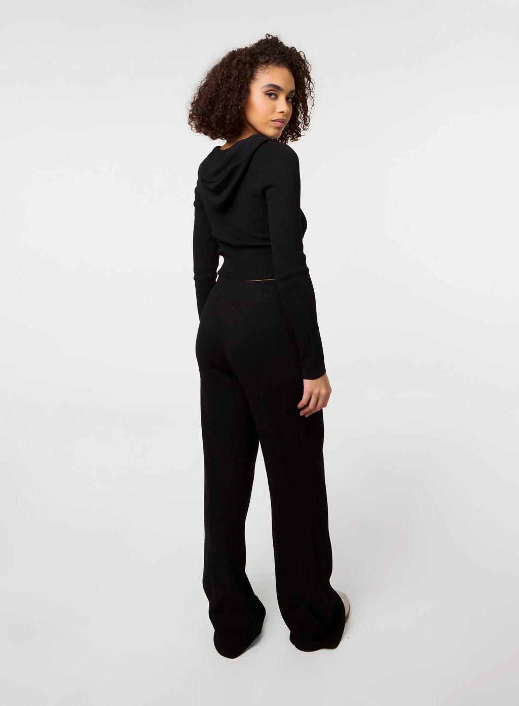 Ribbed Half Zip Hoodie And Wide Leg Set
