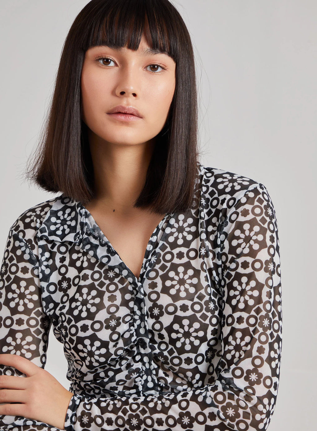 Geometric Print Mesh Button Up Top