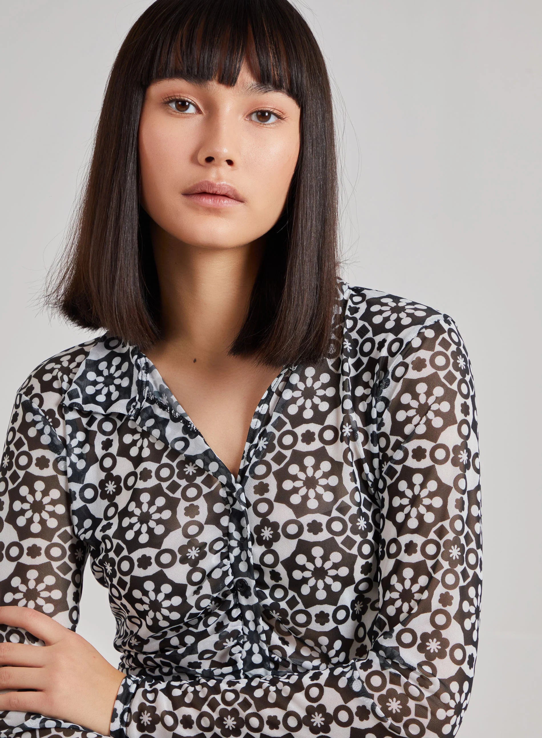 Geometric Print Mesh Button Up Top