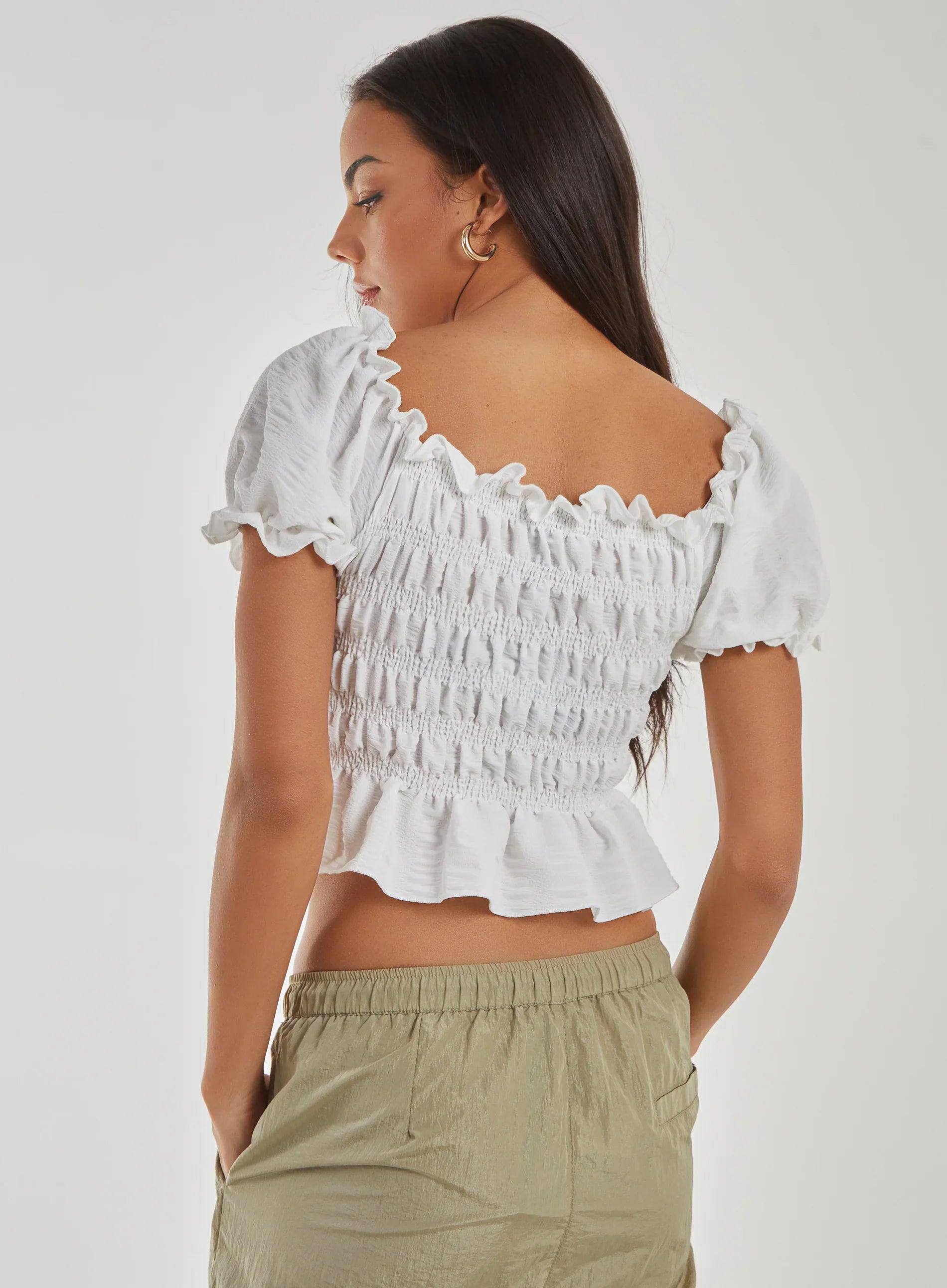 Ruched Puff Sleeve Frill Trim Top