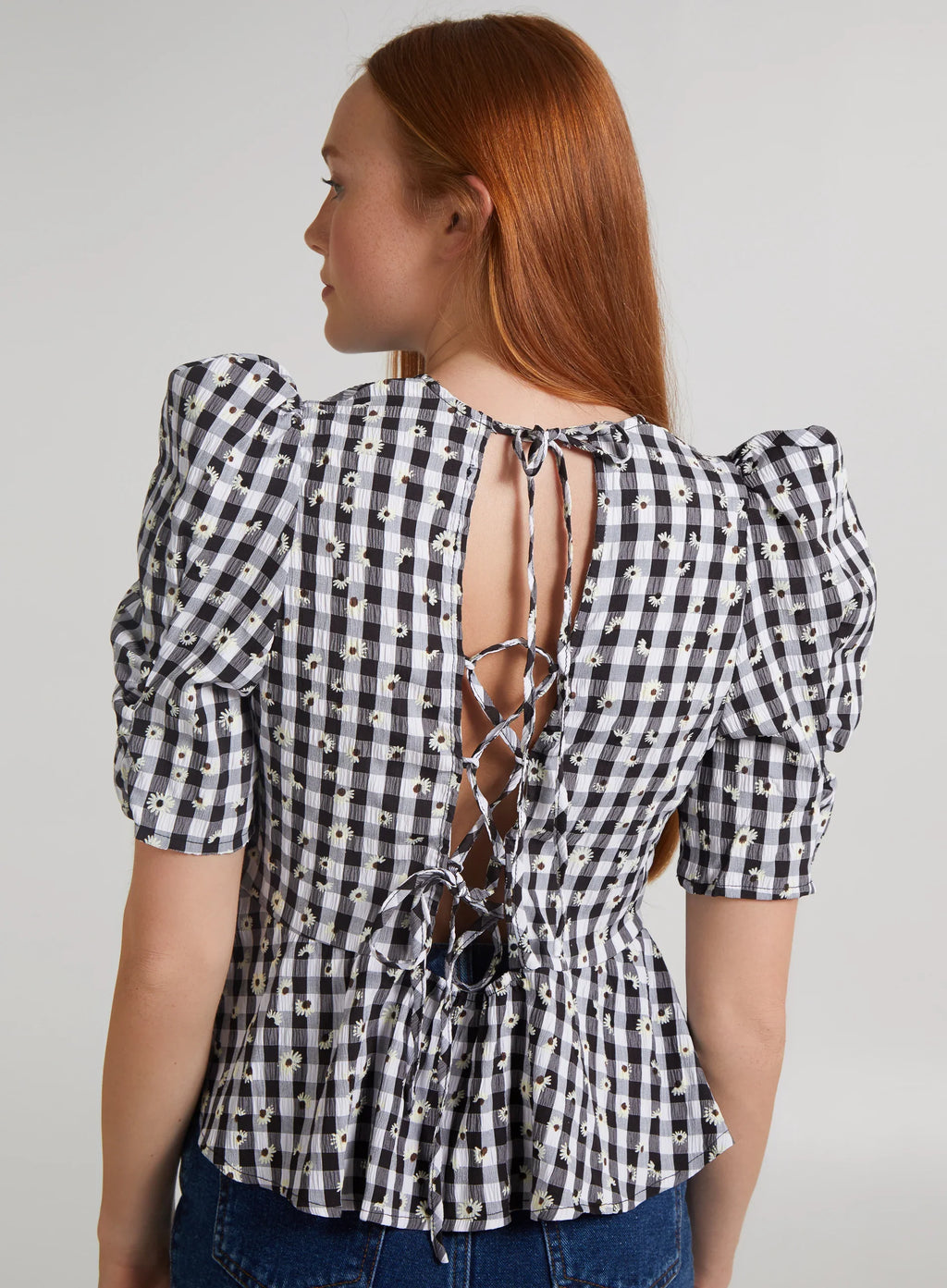 Black Check Tie Back Peplum Blouse