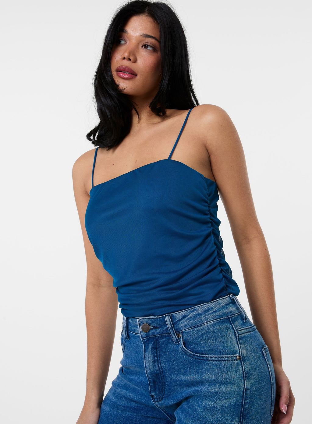 Ruched Mesh Strappy Bodysuit