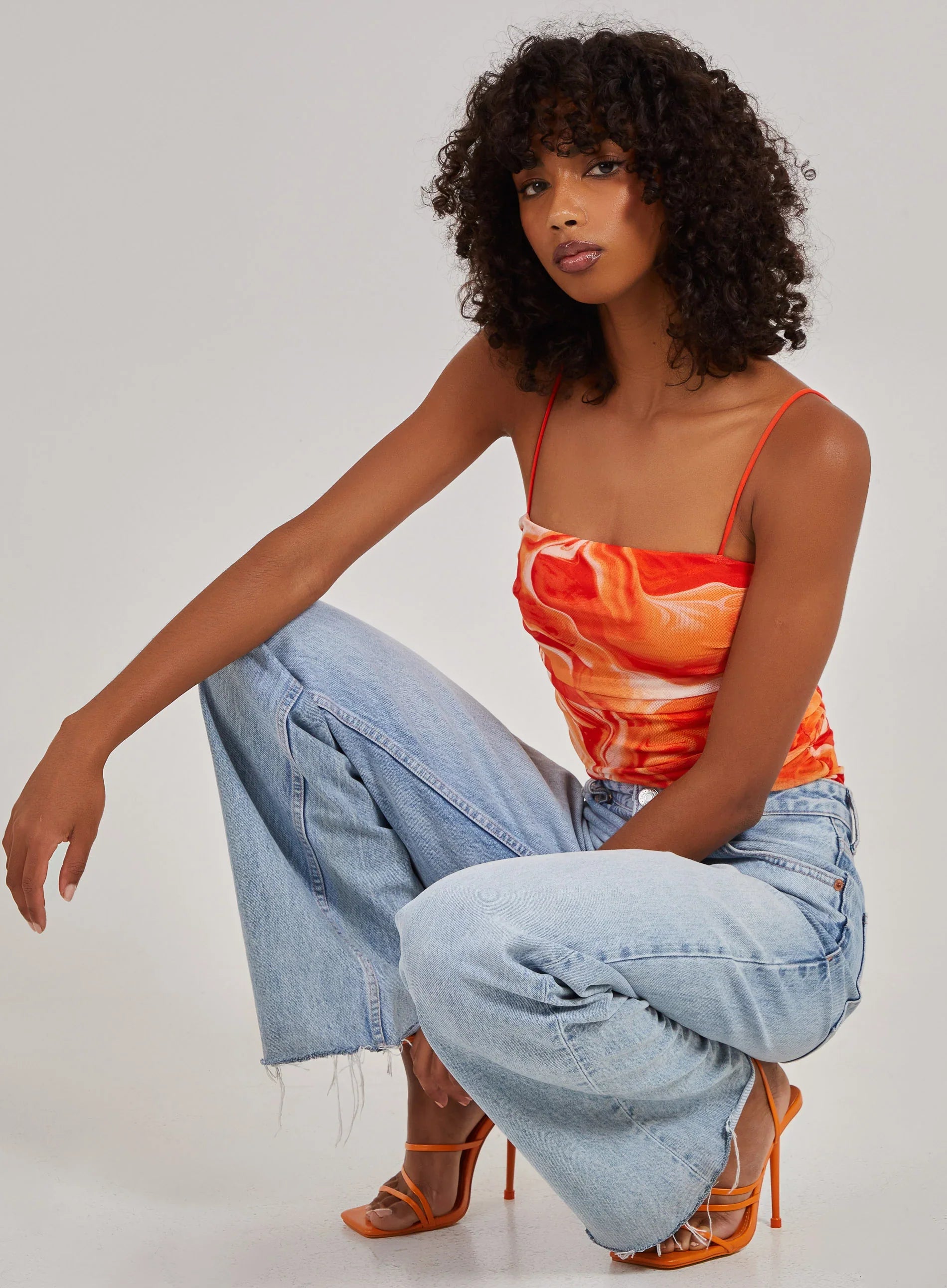 Mesh Marble Ruched Cami Strap Bodysuit