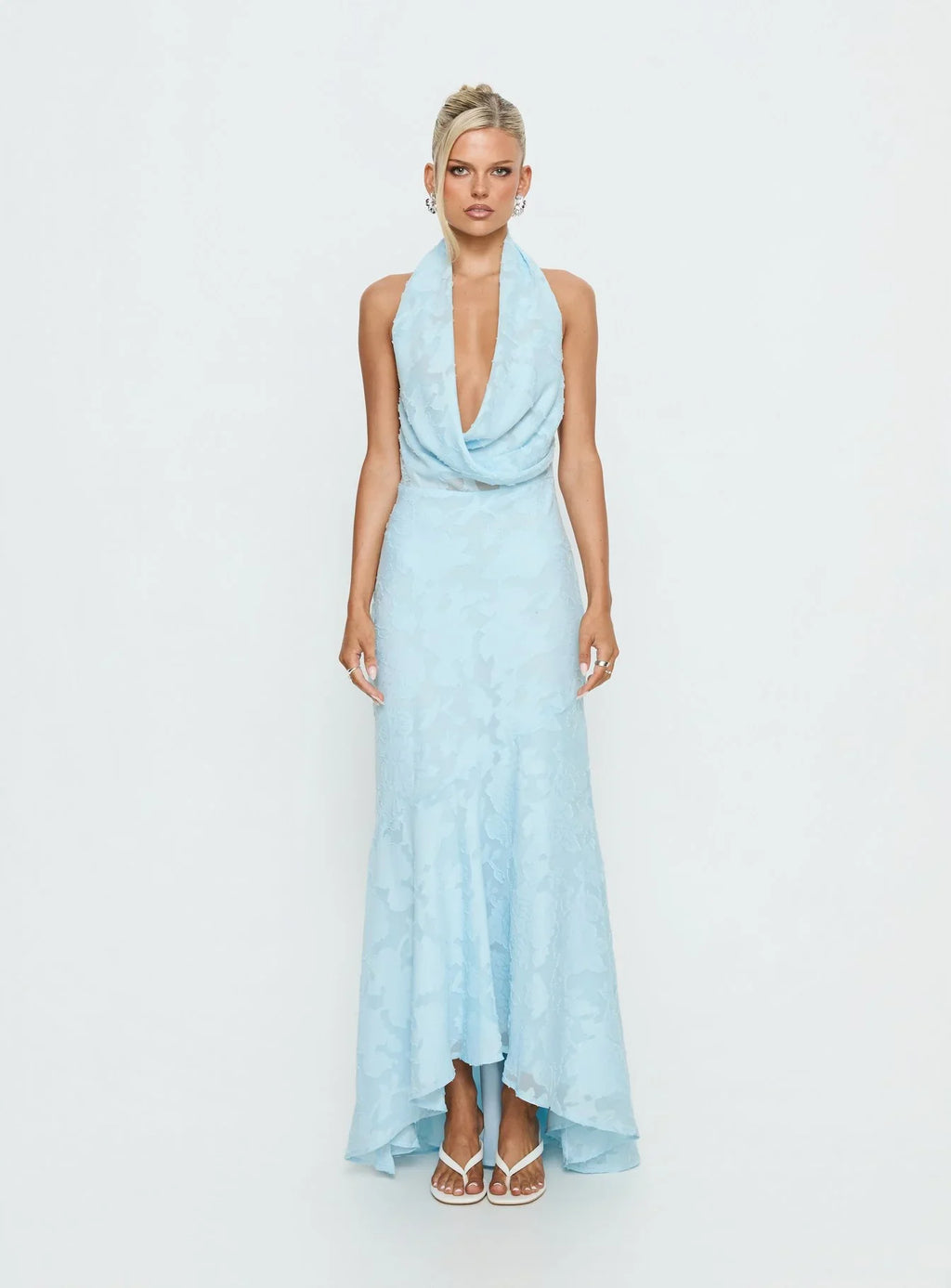 Invisible String Cowl Plunge Backless Maxi Dress Light Blue