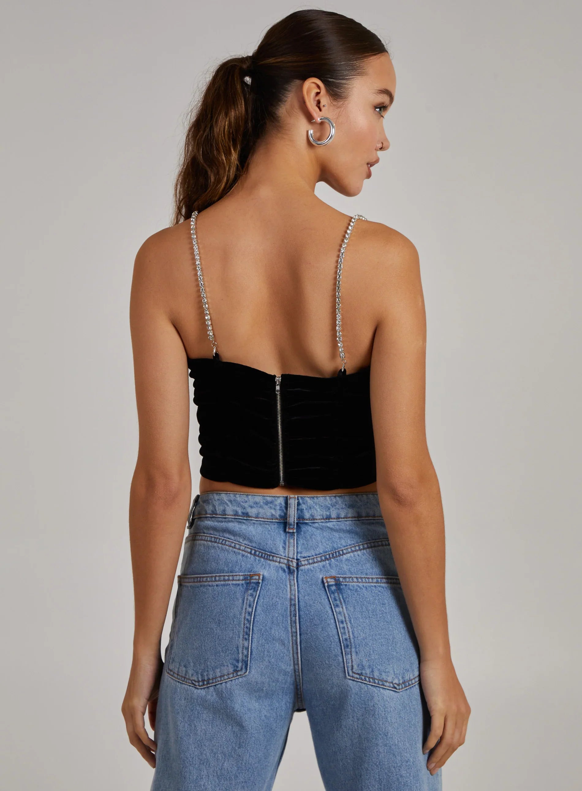 Velvet Rhinestone Straps Ruched Crop Top