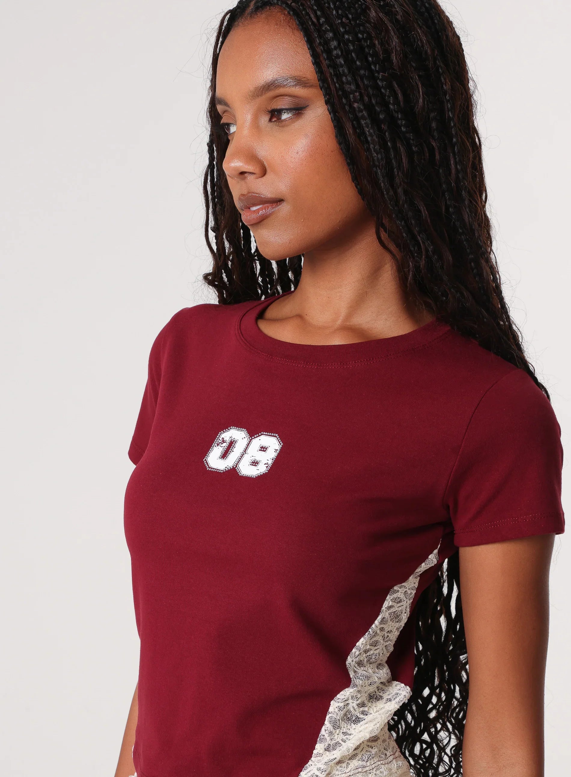 Lace Panel T-shirt With Diamantes