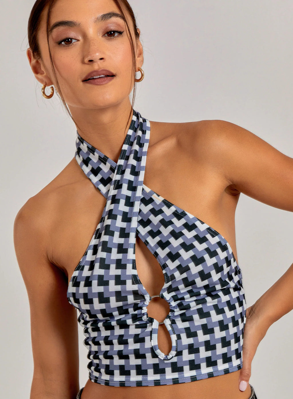 Geometric Print Cut Out Halterneck Top