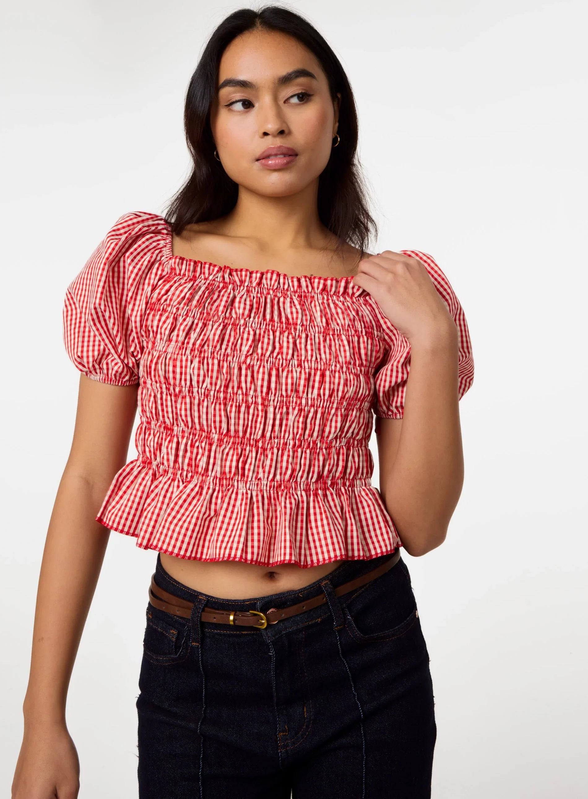 Gingham Check Ruched Top