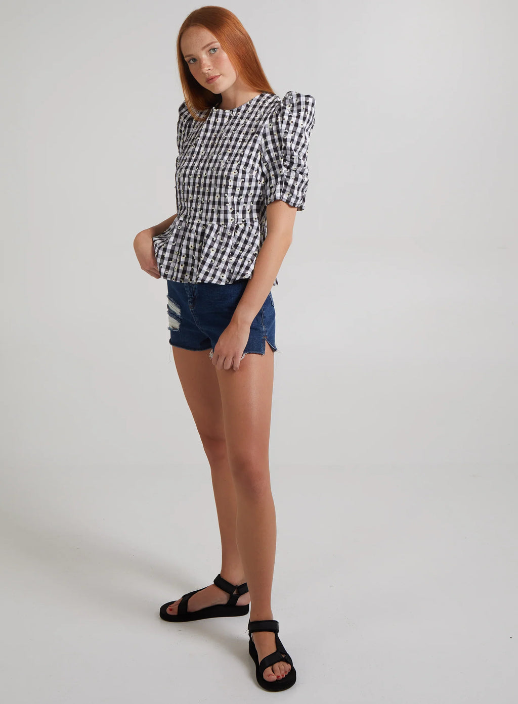 Black Check Tie Back Peplum Blouse