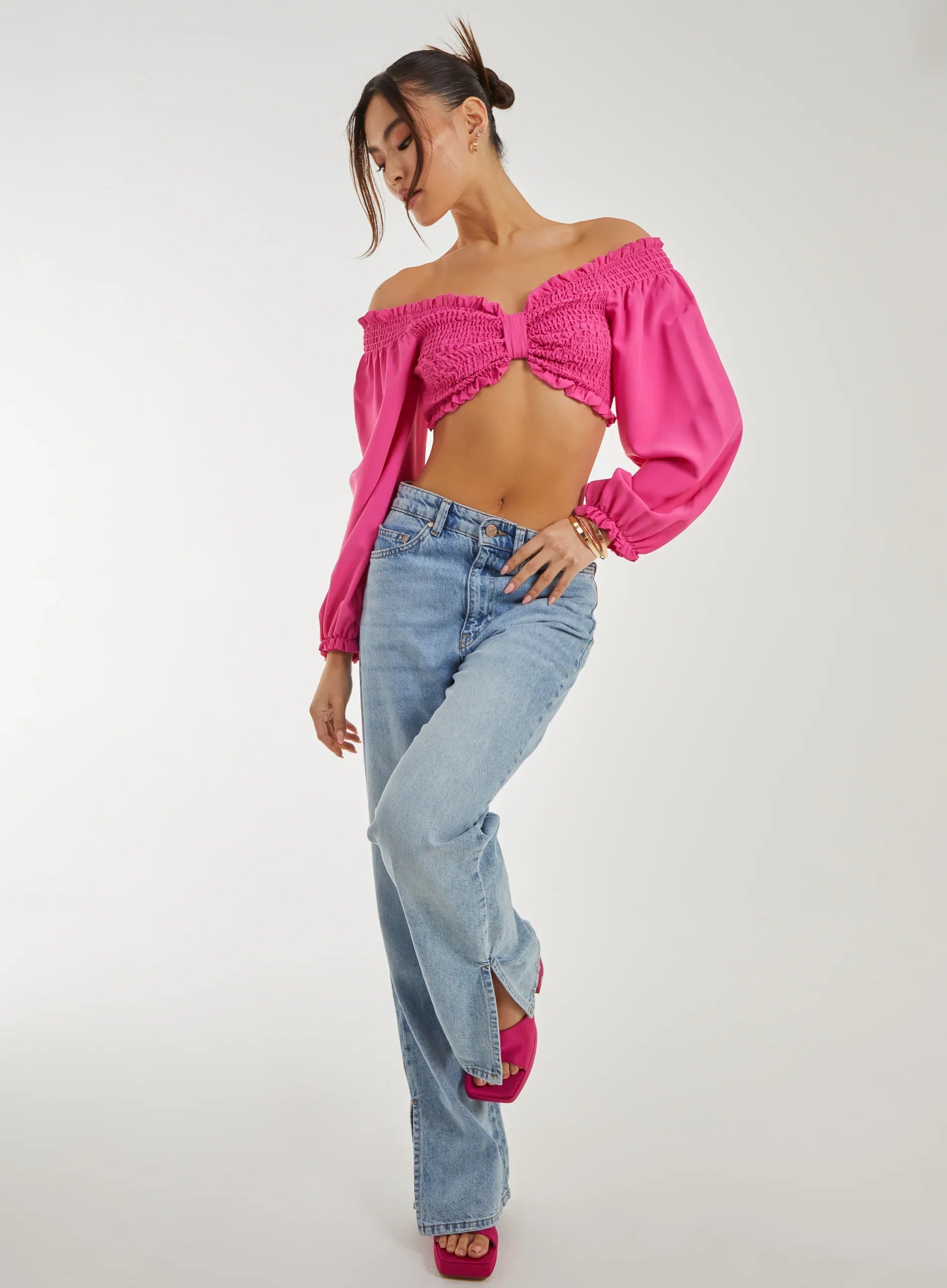 Twist Front Balloon Sleeve Crop Top