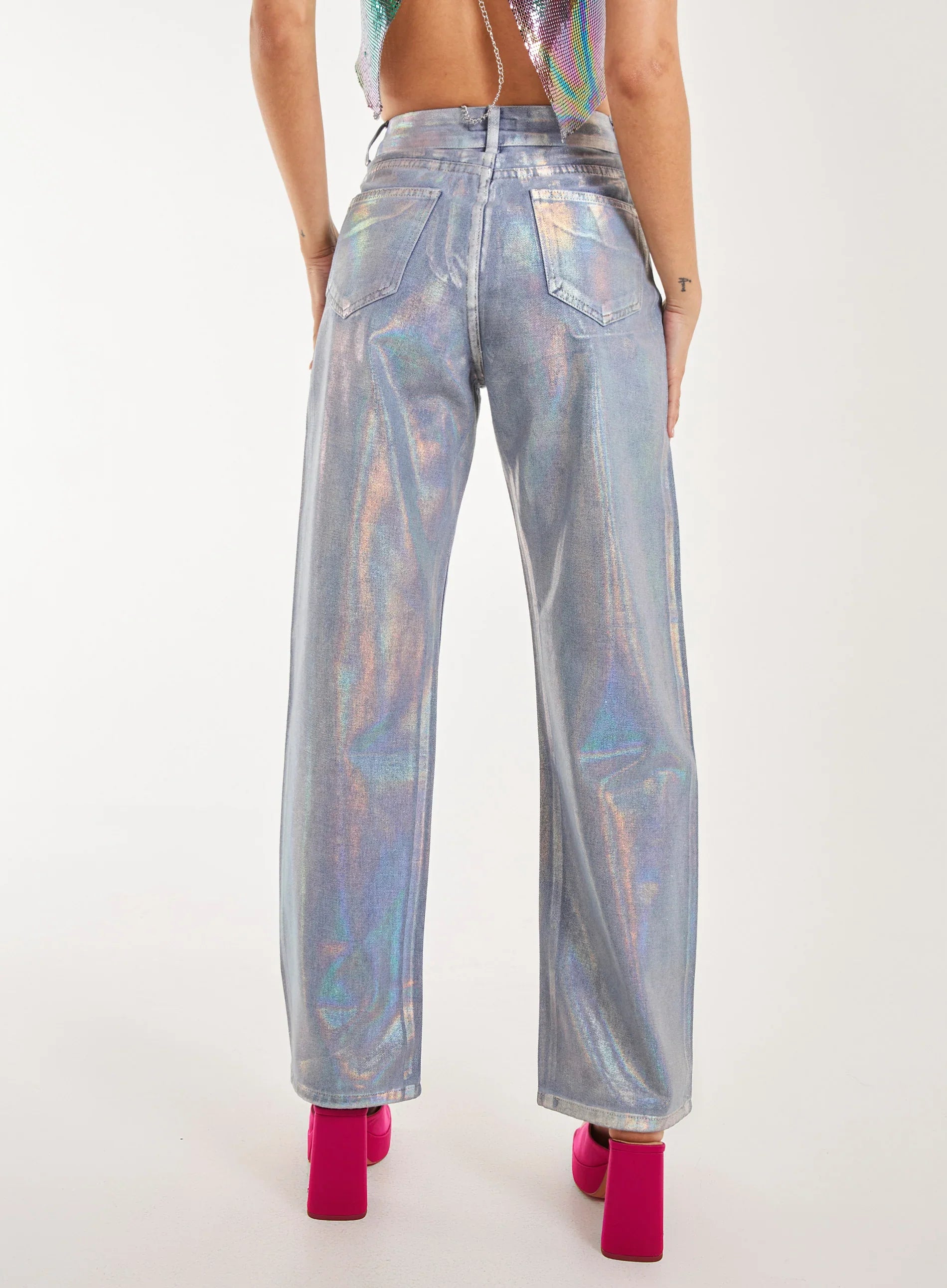 Metallic Silver Foil Coated Jeans