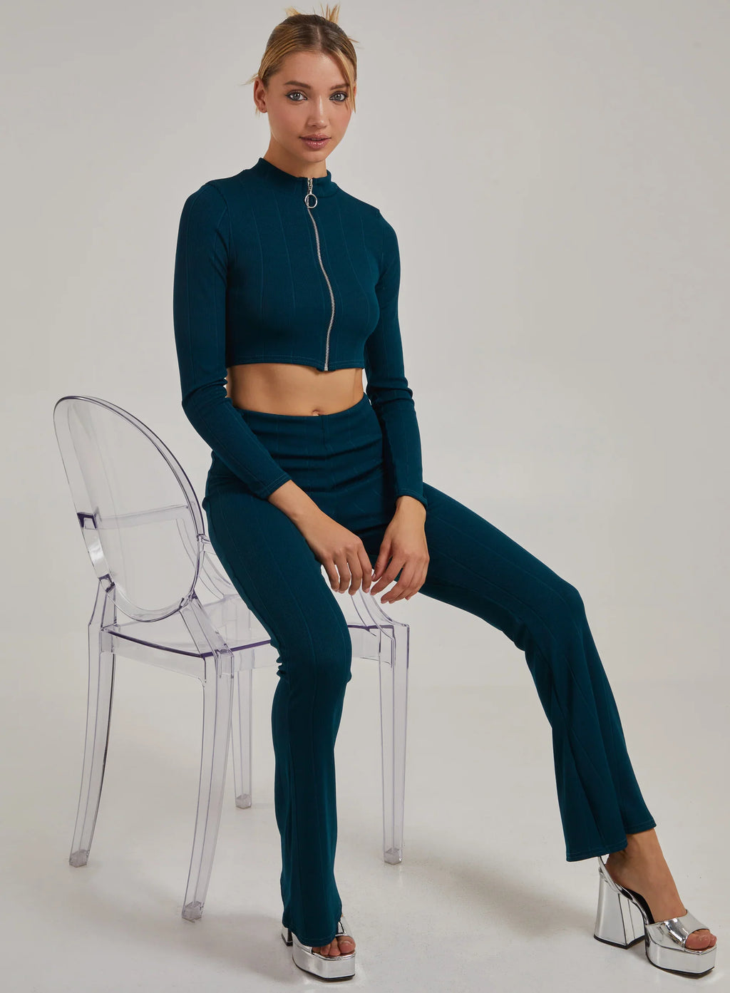 Wide Ribbed Flare Trousers