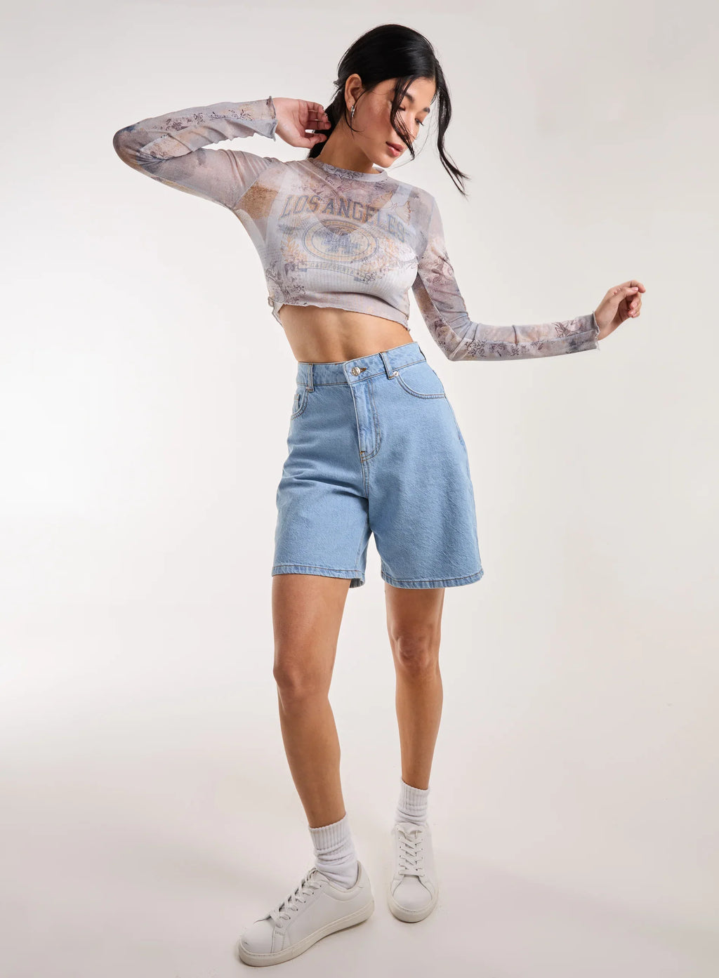 Mesh Printed LA Long Sleeve Top