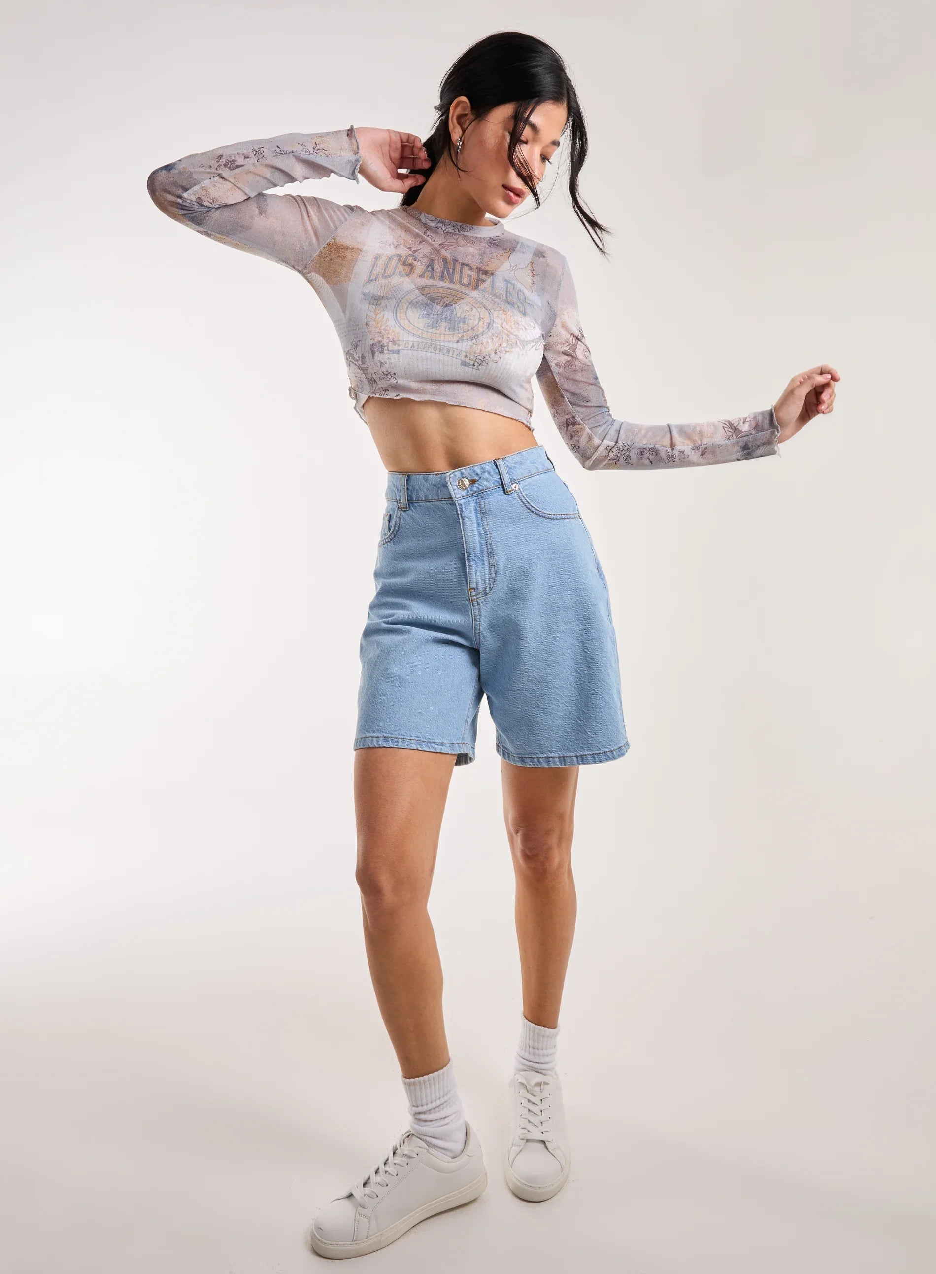 Mesh Printed LA Long Sleeve Top