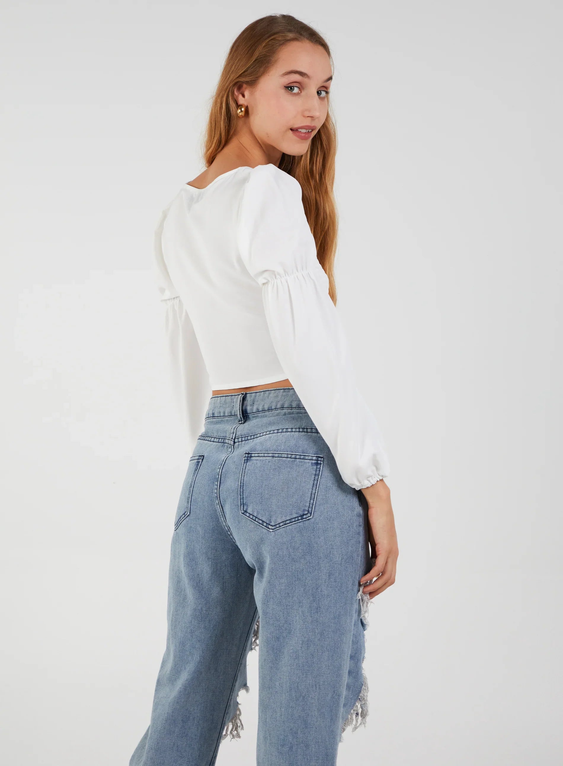 Cropped Ruched Top With Balloon Sleeves