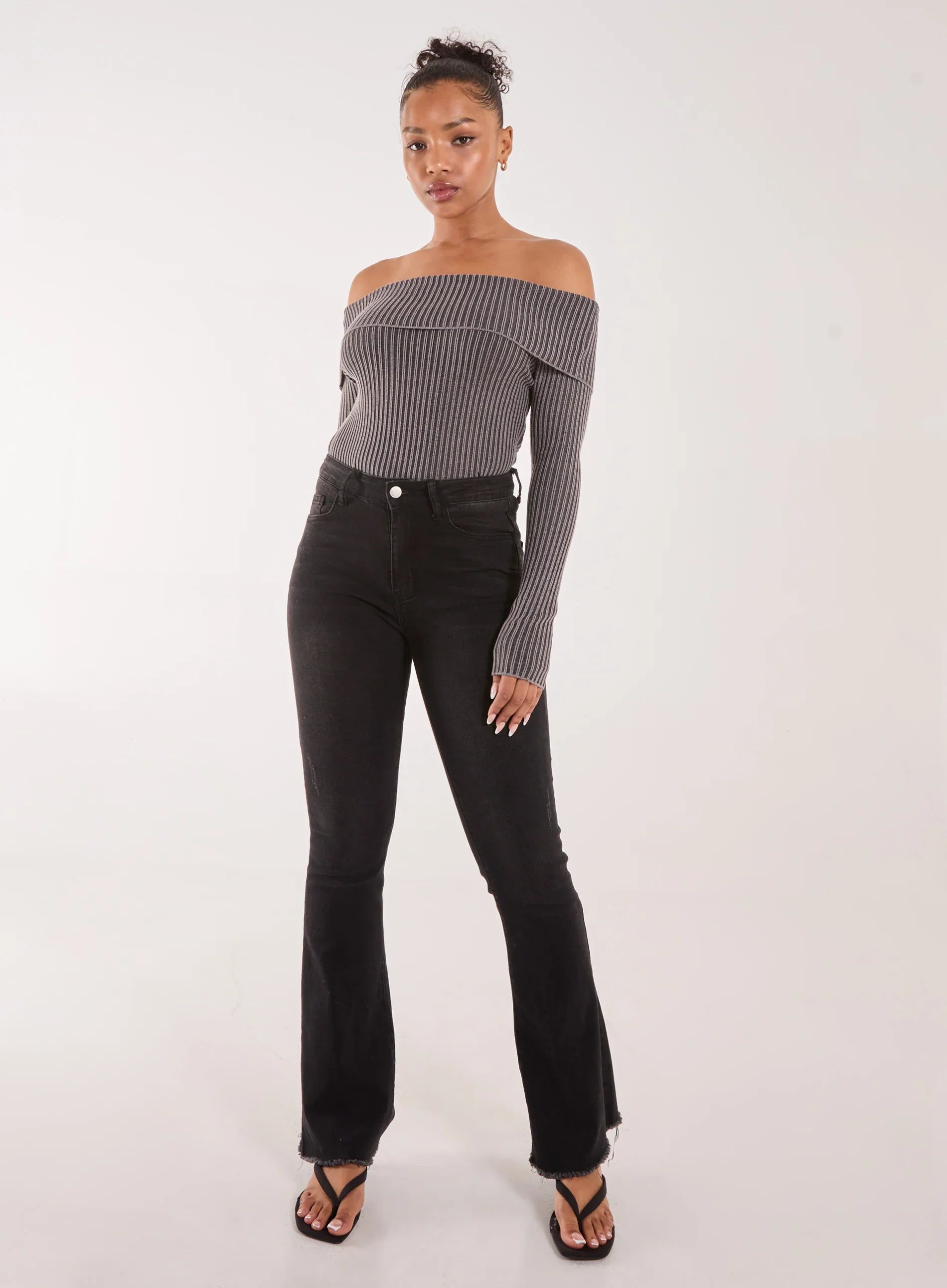Two Tone Rib Bardot Top