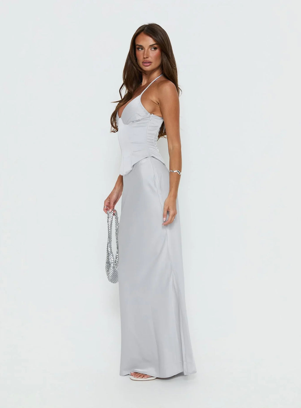Devotedness Satin Corset Maxi Dress Silver