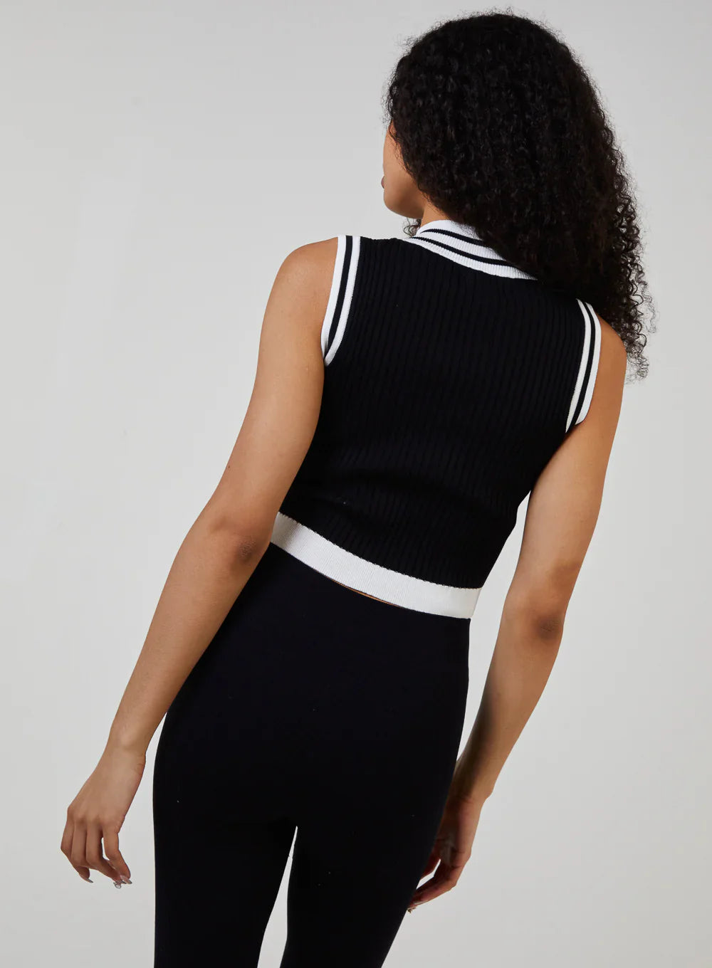 Half Zip Striped High Neck Sleeveless Crop Top