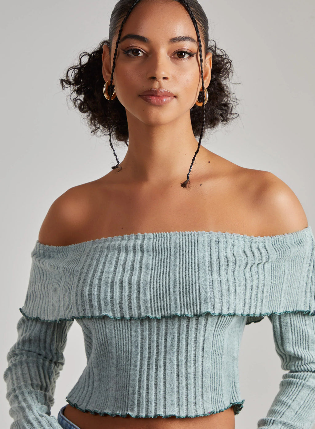 Wide Brushed Ribbed Bardot Top