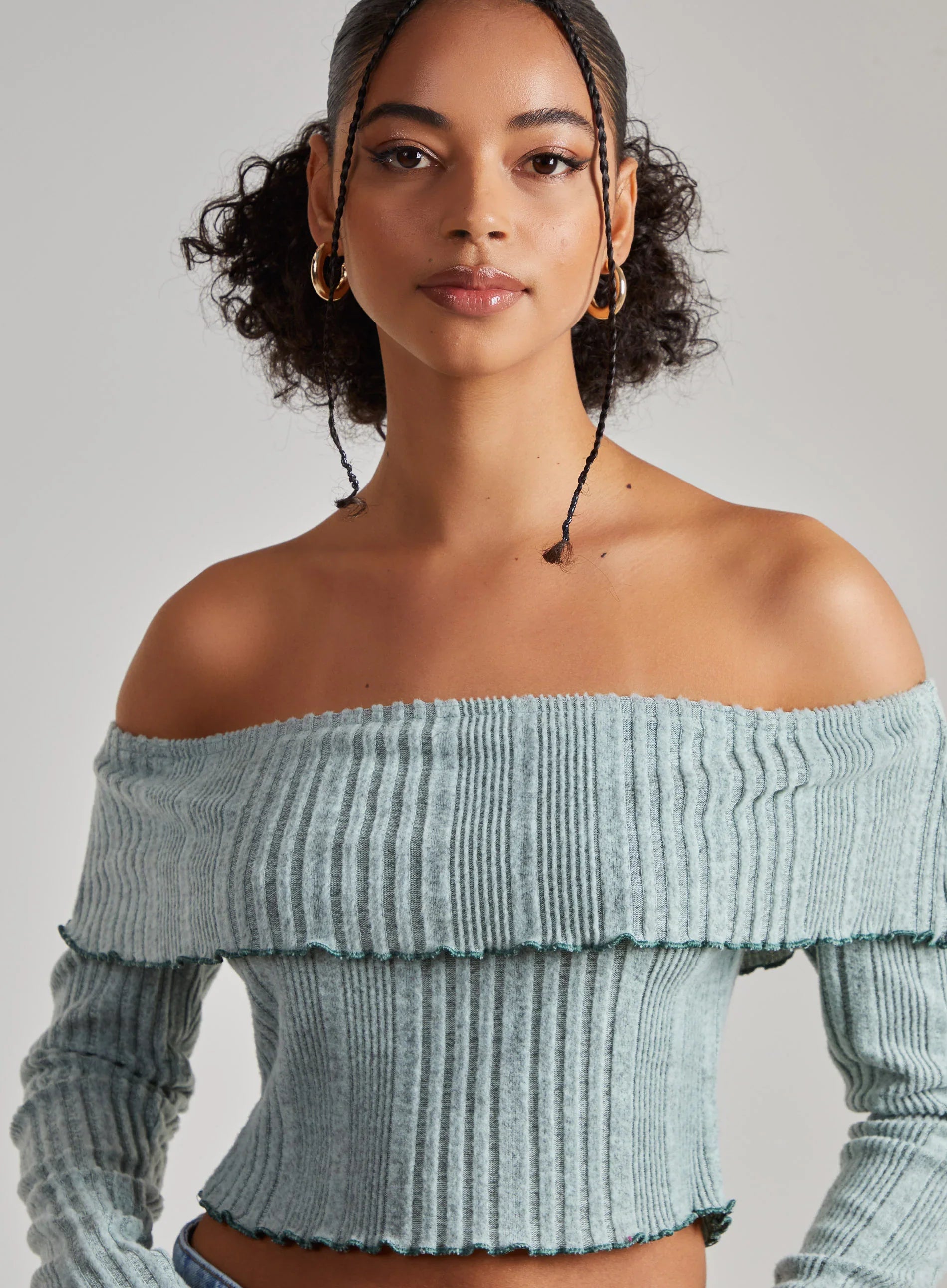 Wide Brushed Ribbed Bardot Top
