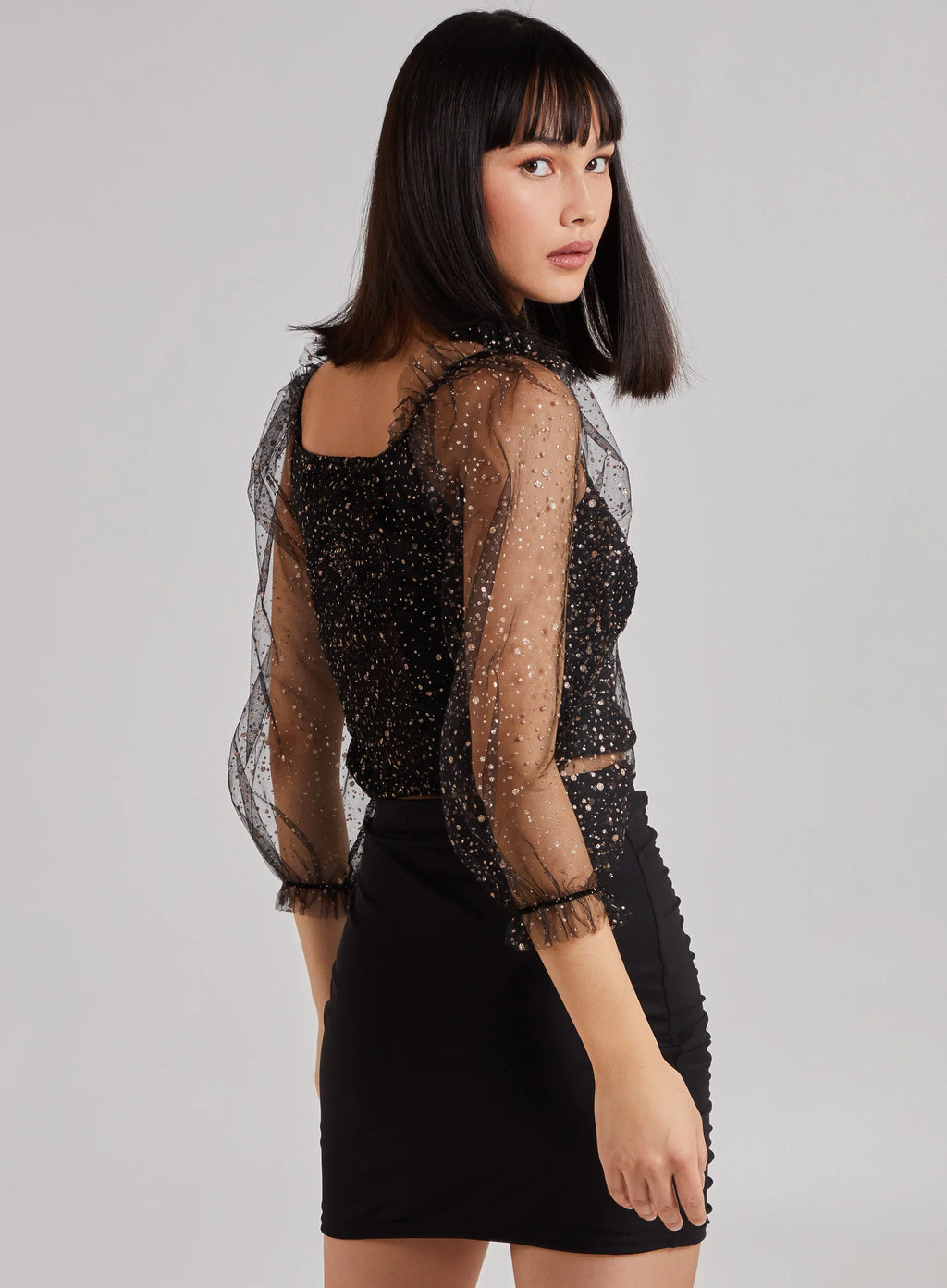 Glitter Ruched Top With Sheer Balloon Sleeve