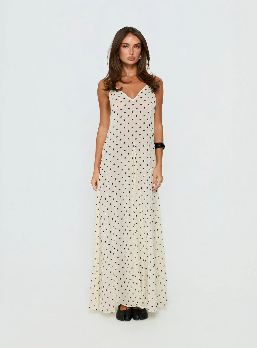Loulah Sheer Chiffon Maxi Dress Cream Polka Dot