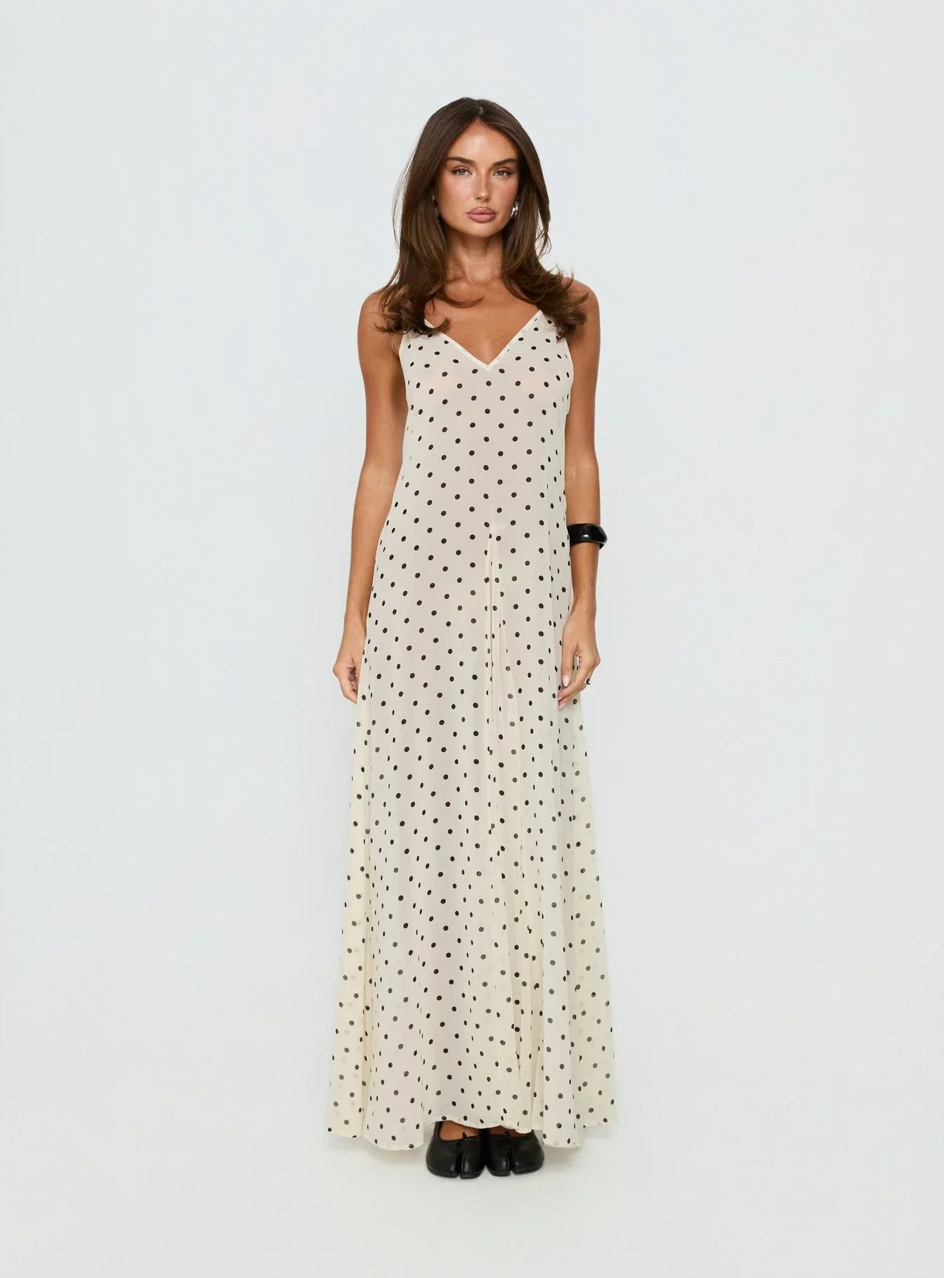 Loulah Sheer Chiffon Maxi Dress Cream Polka Dot