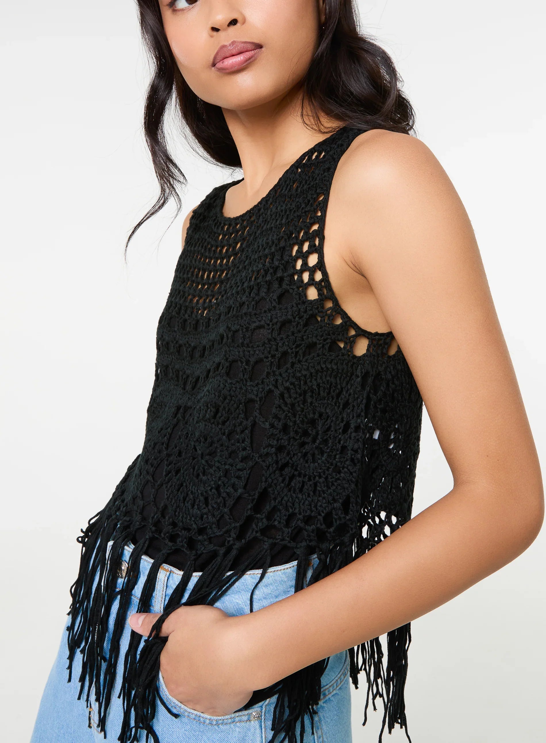 Tassel Hem Crochet Knit Top