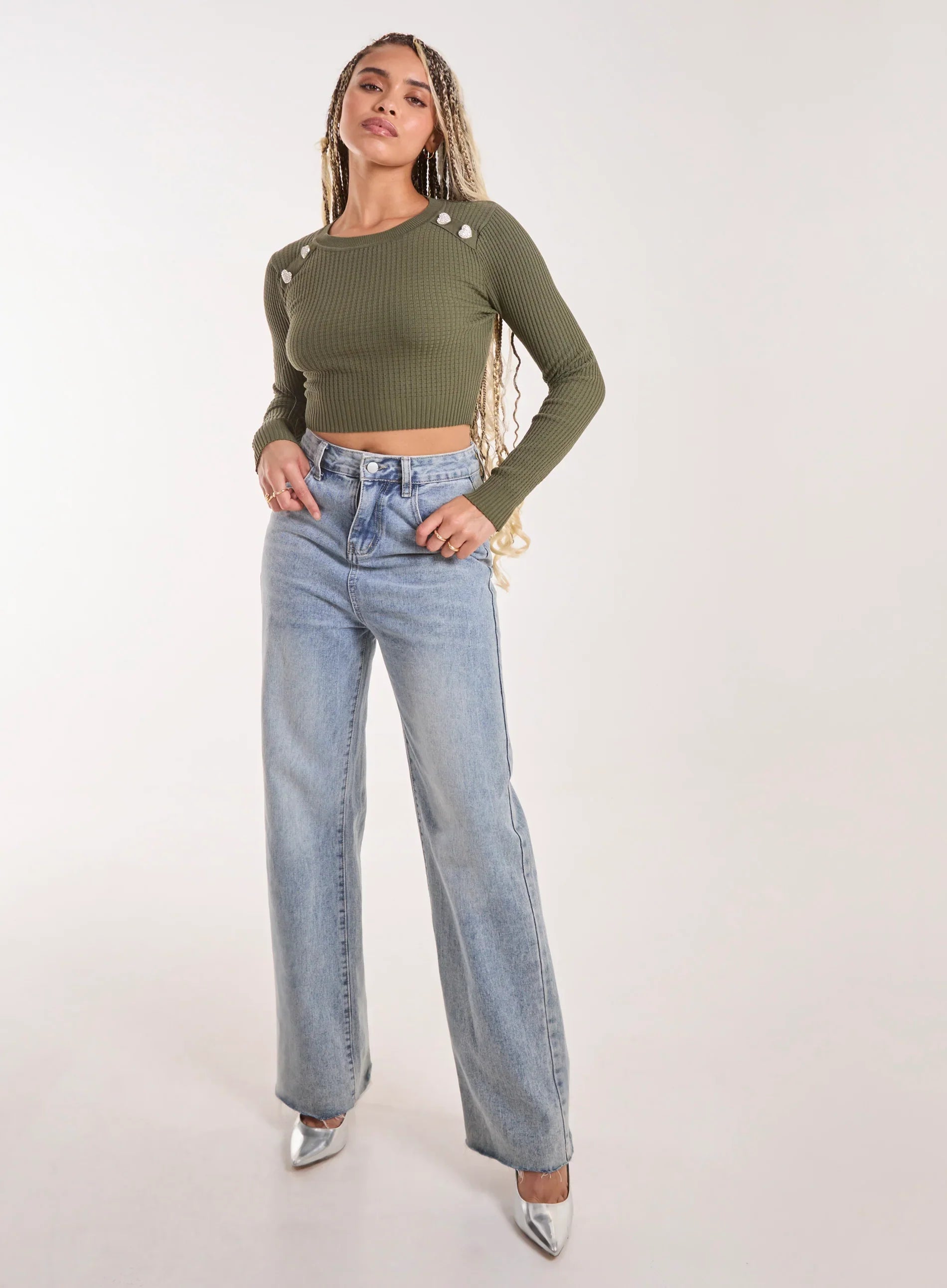 Heart Embellishment Rib Knit Top