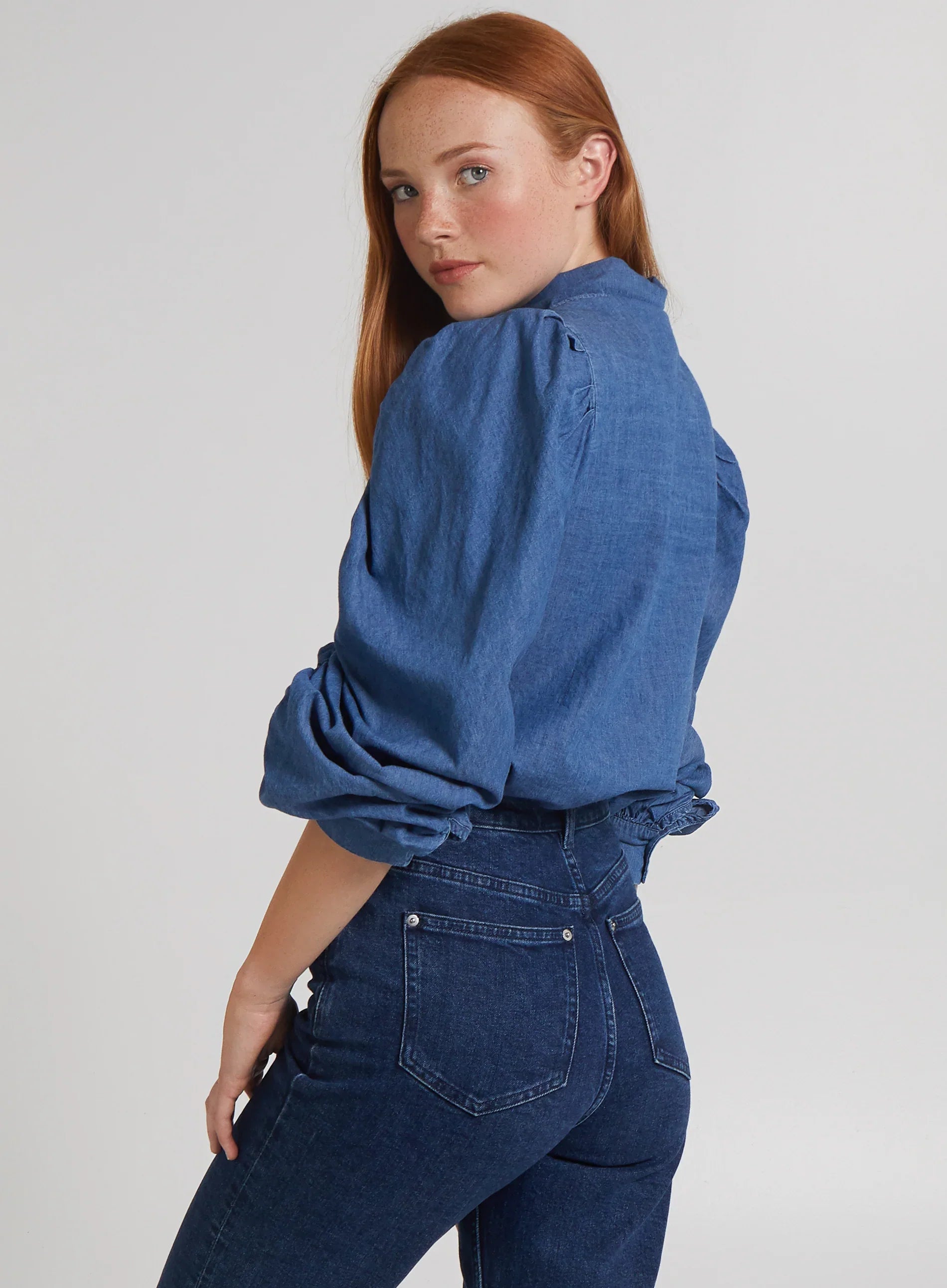 Ruched Sleeve Denim Shirt