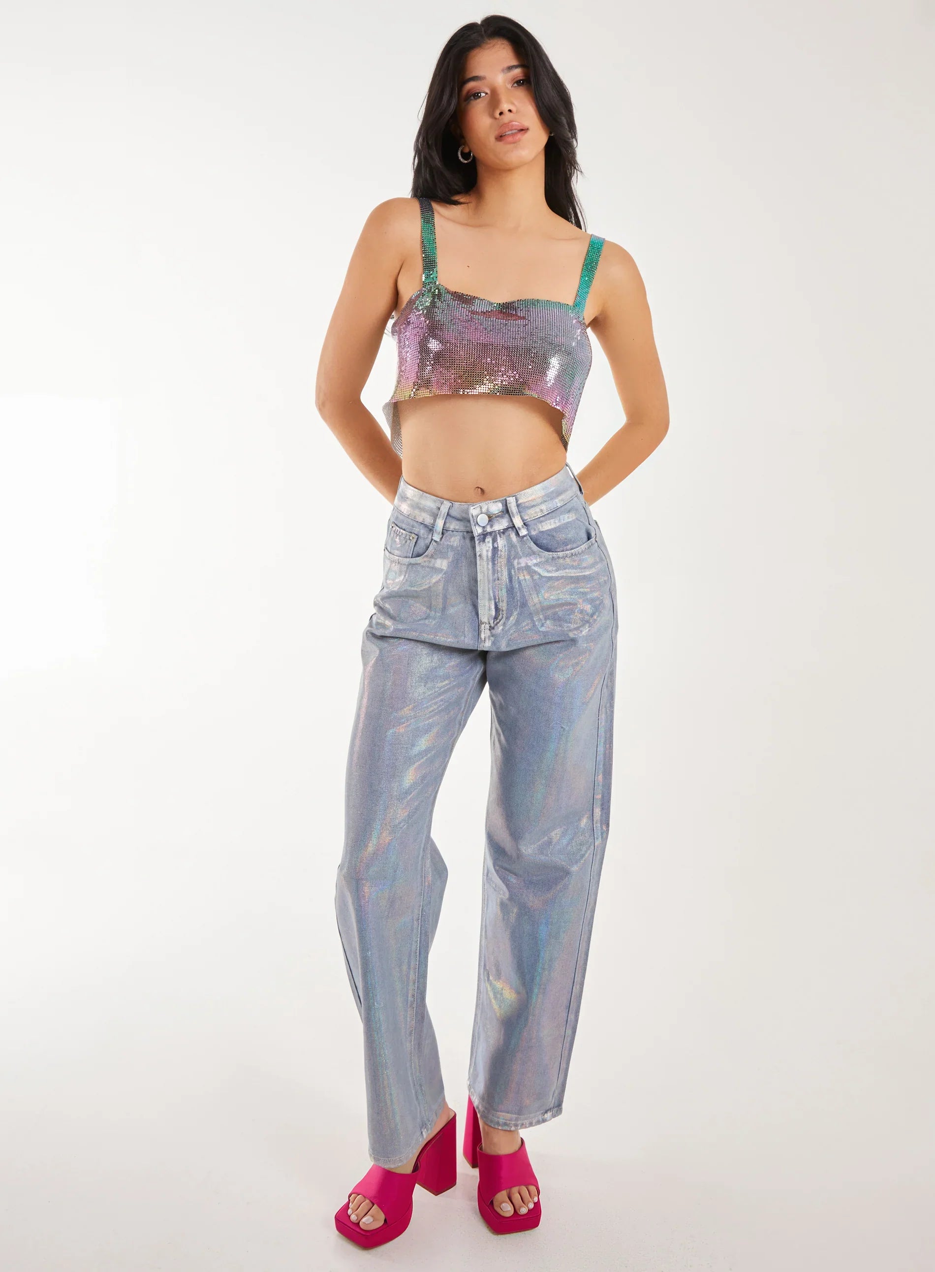 Metallic Silver Foil Coated Jeans