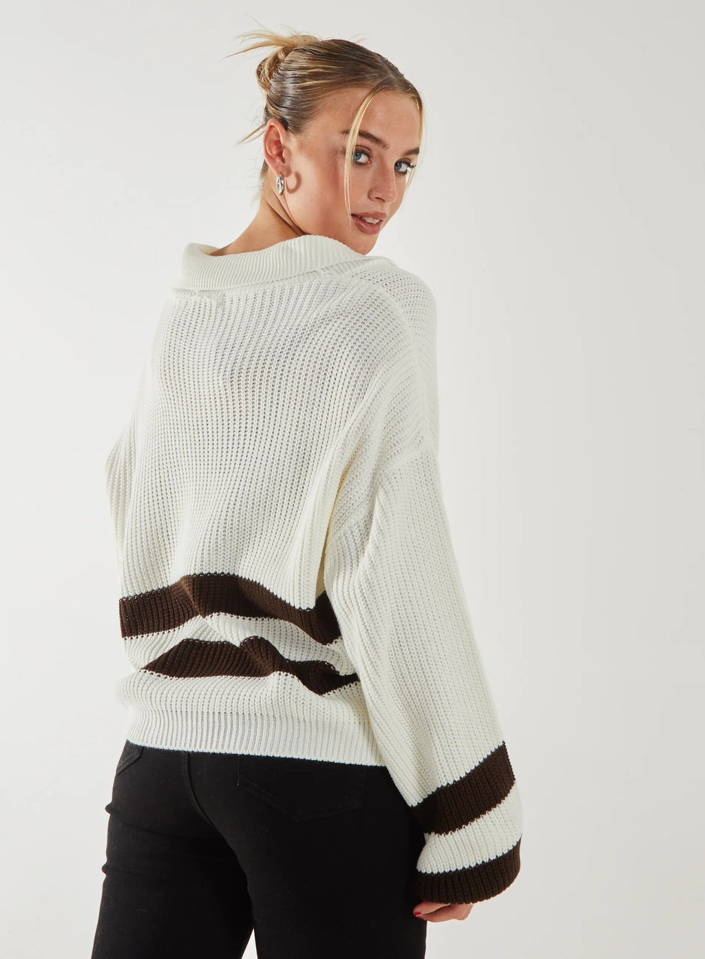 Striped Zip-Up Collar Knitted Jumper