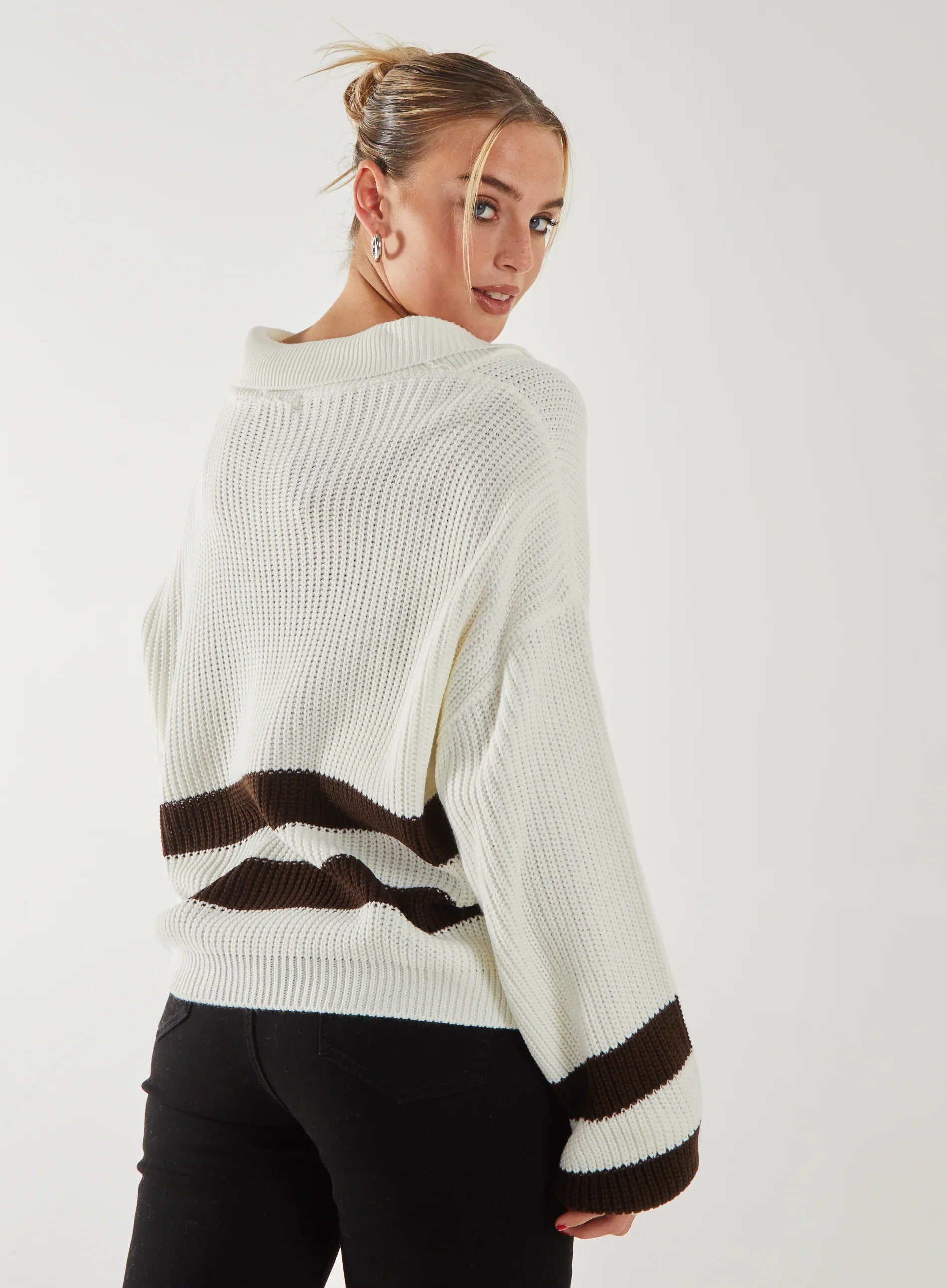 Striped Zip-Up Collar Knitted Jumper