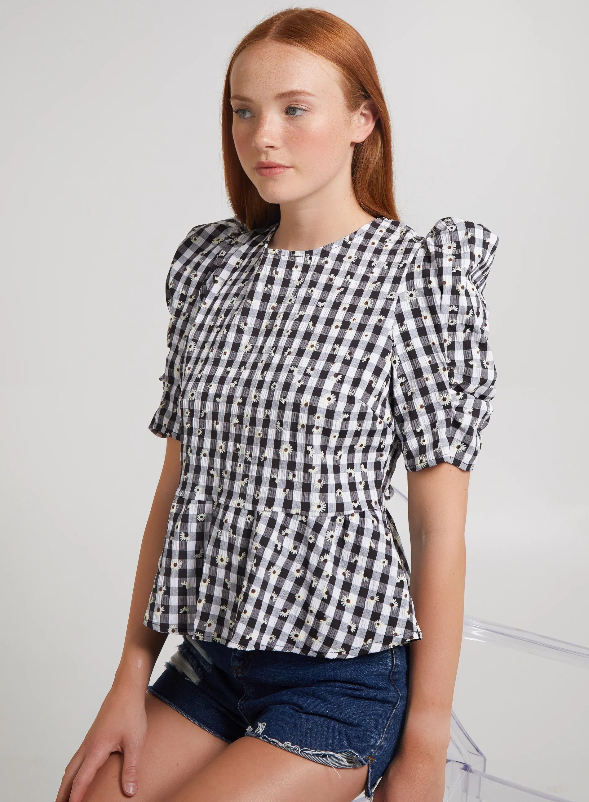 Black Check Tie Back Peplum Blouse