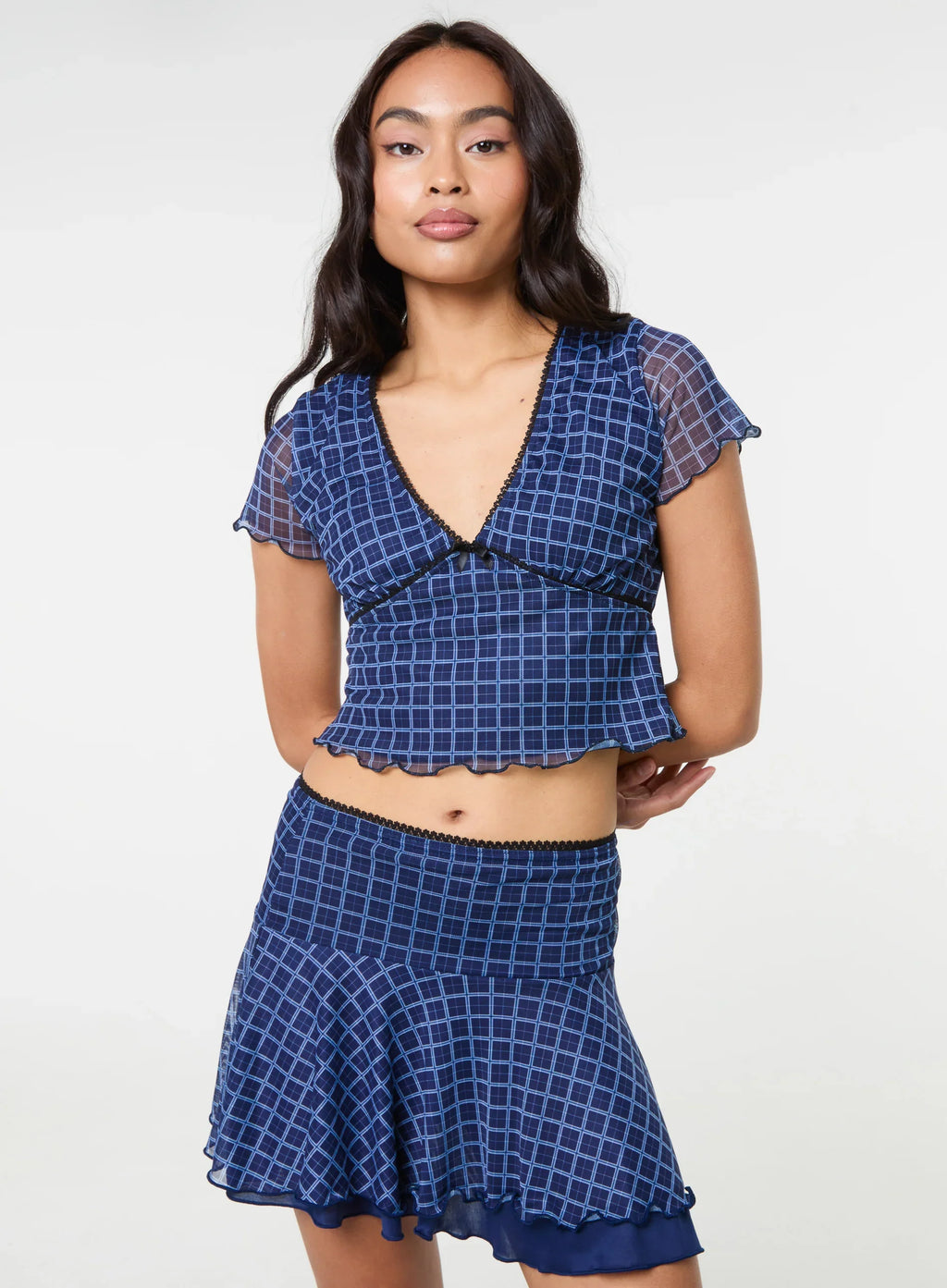Check Cap Sleeve Crop Top