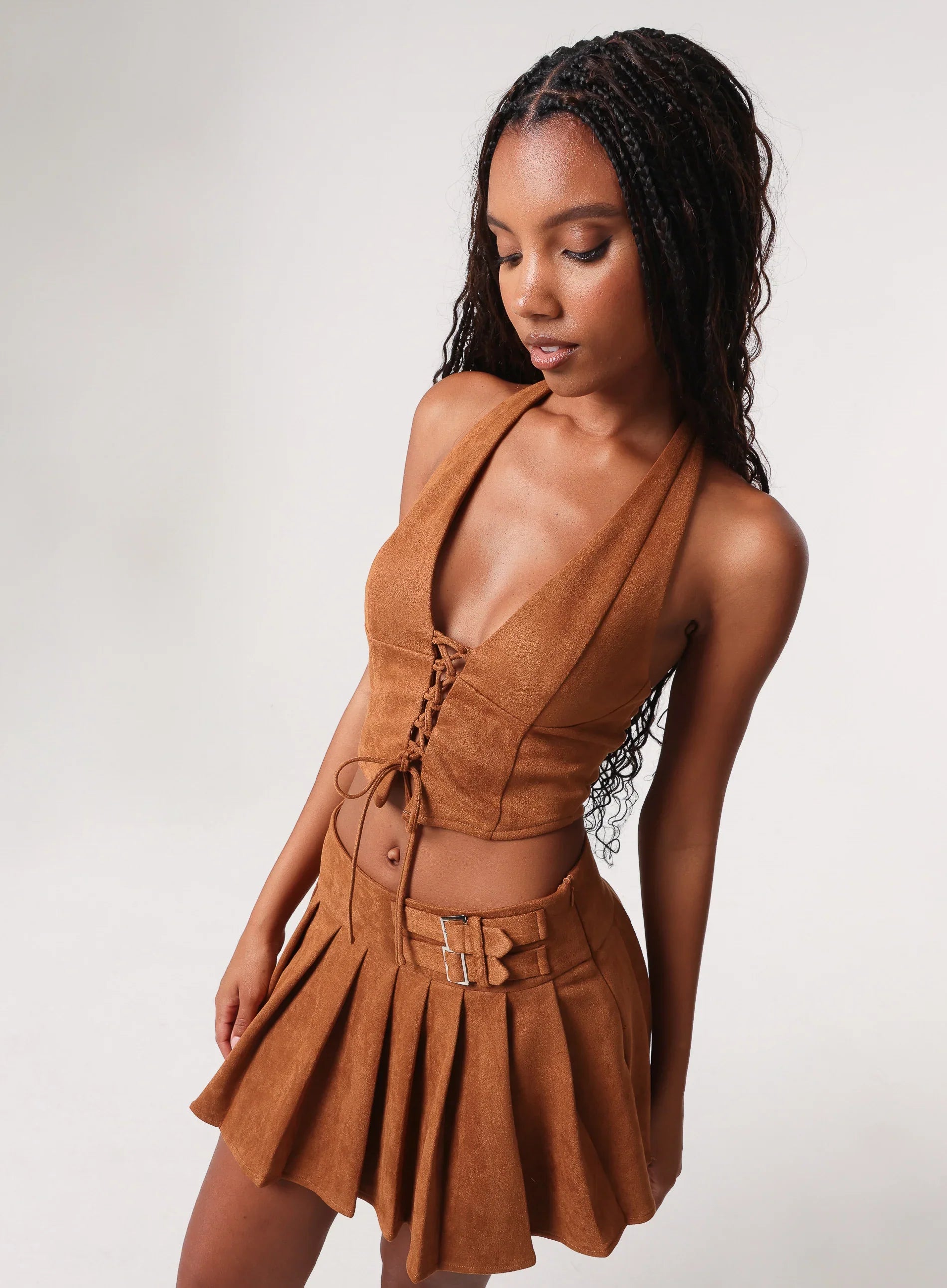 Suedette Pleated Mini Skirt