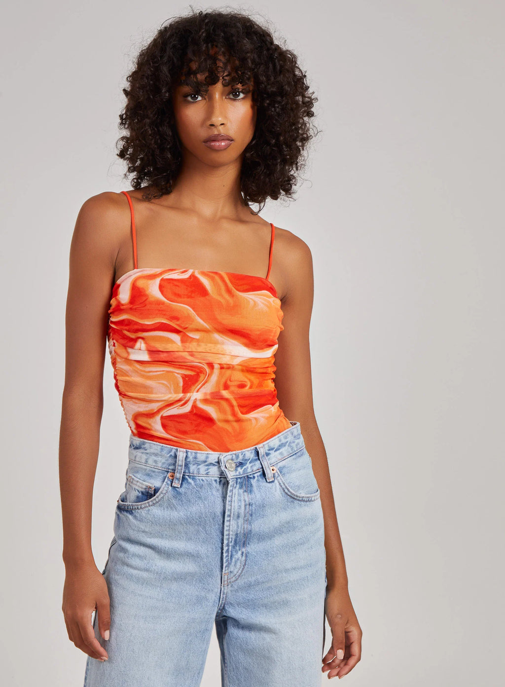 Mesh Marble Ruched Cami Strap Bodysuit