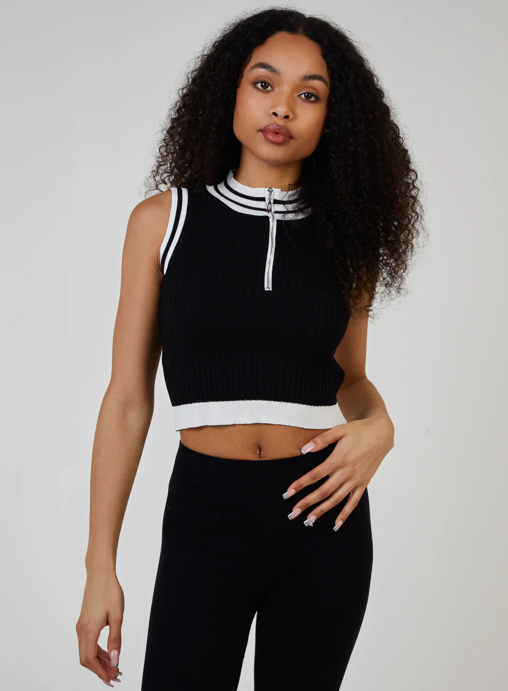 Half Zip Striped High Neck Sleeveless Crop Top